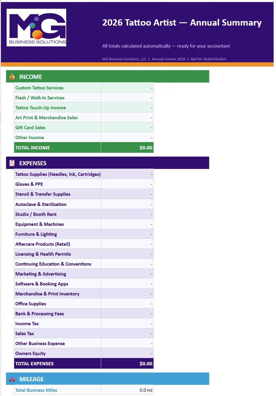 2026 Small Business Expense Tracker - Tattoo Artist