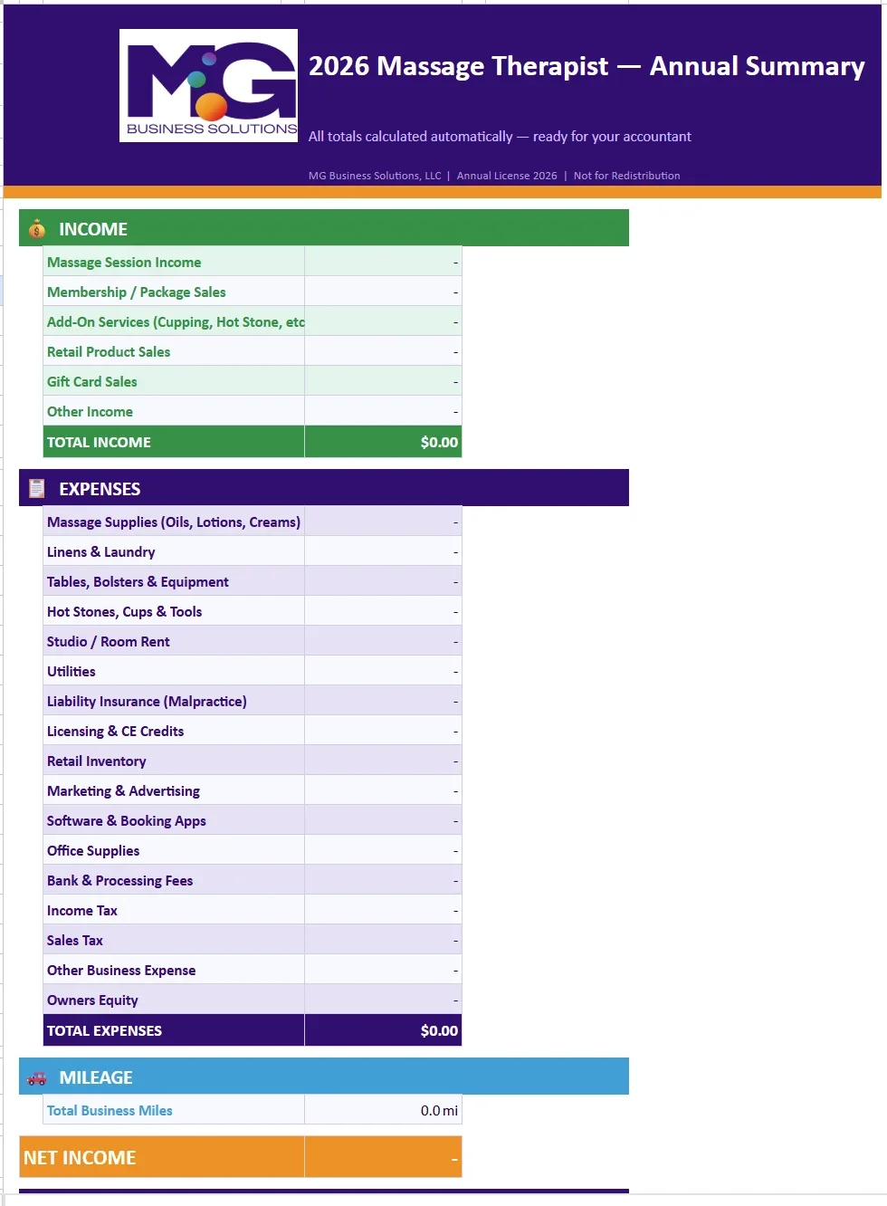 2026 Small Business Expense Tracker - Massage Therapist