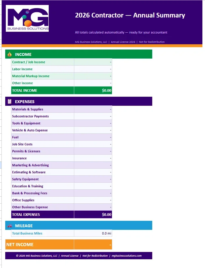 2026 Small Business Expense Tracker - Contractor