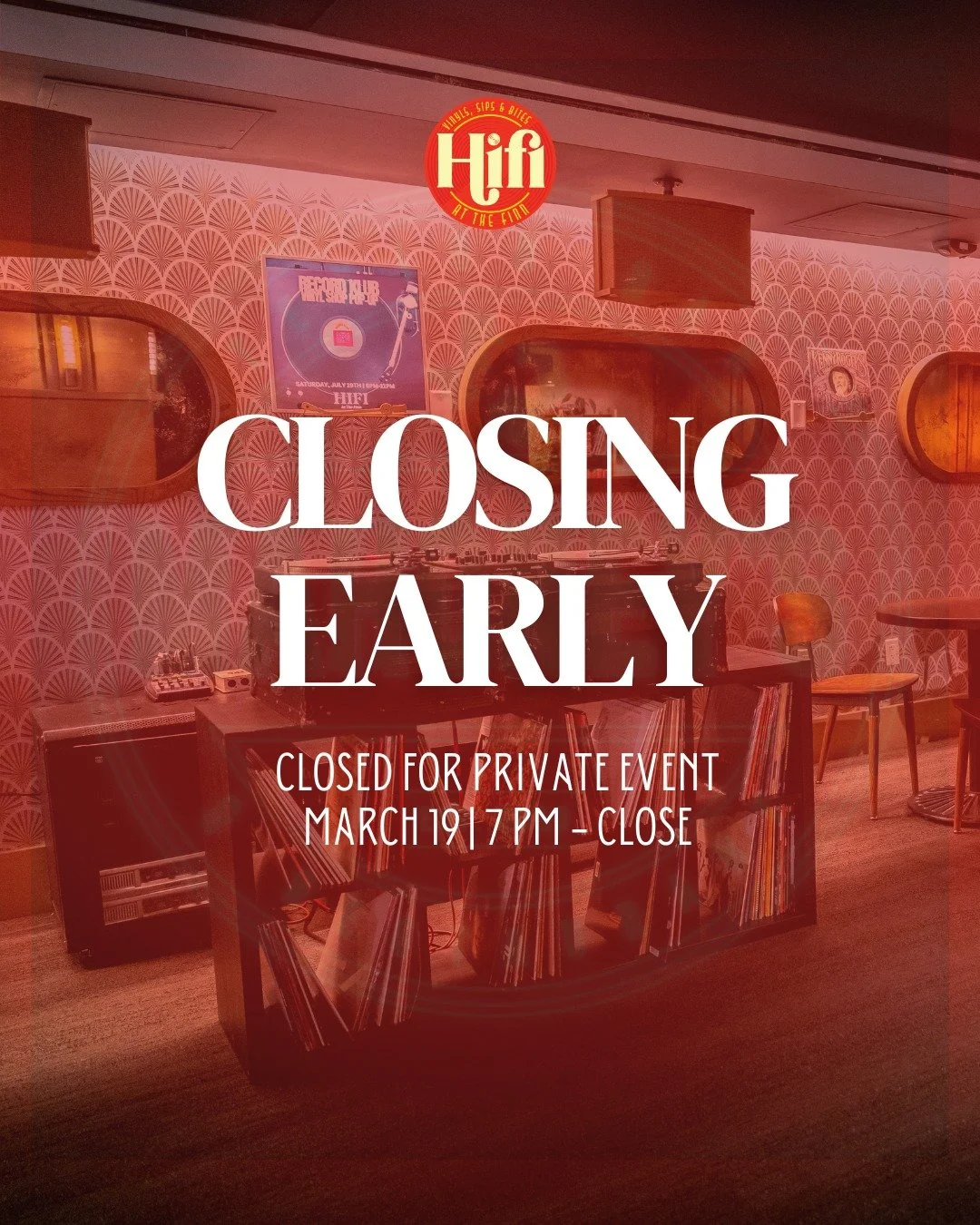 We&rsquo;ll be closing early tonight for a private event from 7 PM to close ✨

But don&rsquo;t worry, we&rsquo;re still open for happy hour, so come by early for cocktails, vinyl, and the usual HiFi vibes before we go private. 

#HiFiAtTheFinn #TheFi