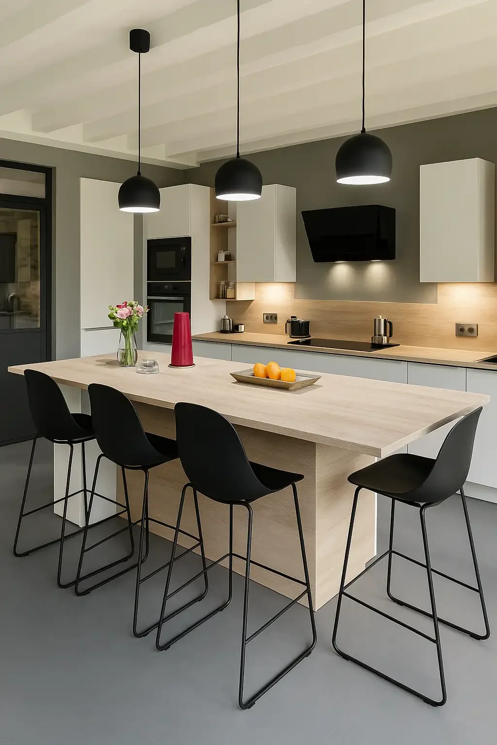Cuisine contemporaine blanche et bois avec îlot central, chaises noires et suspensions design, réalisée sur mesure par Oleksiak à Clermont-Ferrand.