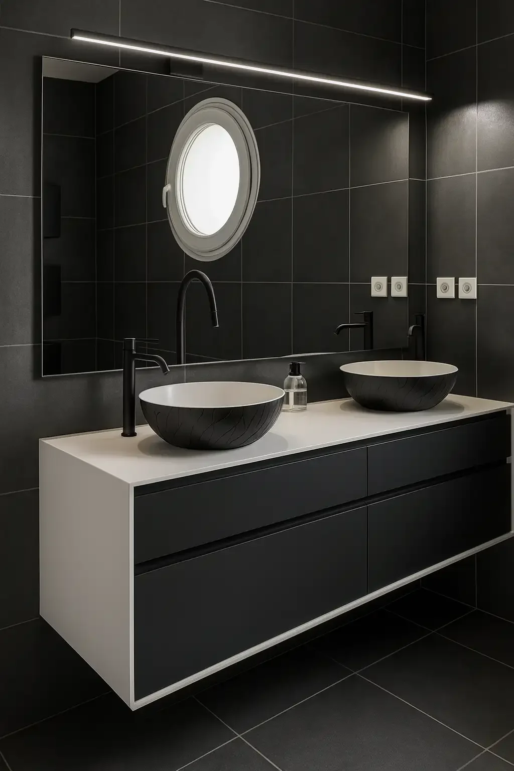Salle de bain moderne avec carrelage noir mat, meuble suspendu blanc et double vasque design, conçue sur mesure par Oleksiak à Clermont-Ferrand.