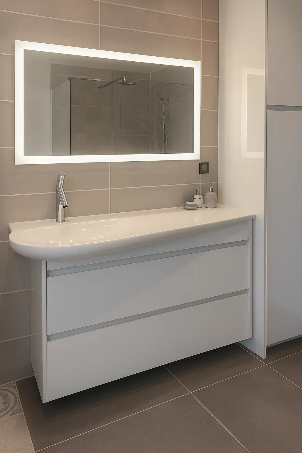 Salle de bain contemporaine avec meuble blanc laqué, plan vasque design et miroir à éclairage LED, réalisée sur mesure par Oleksiak à Clermont-Ferrand.