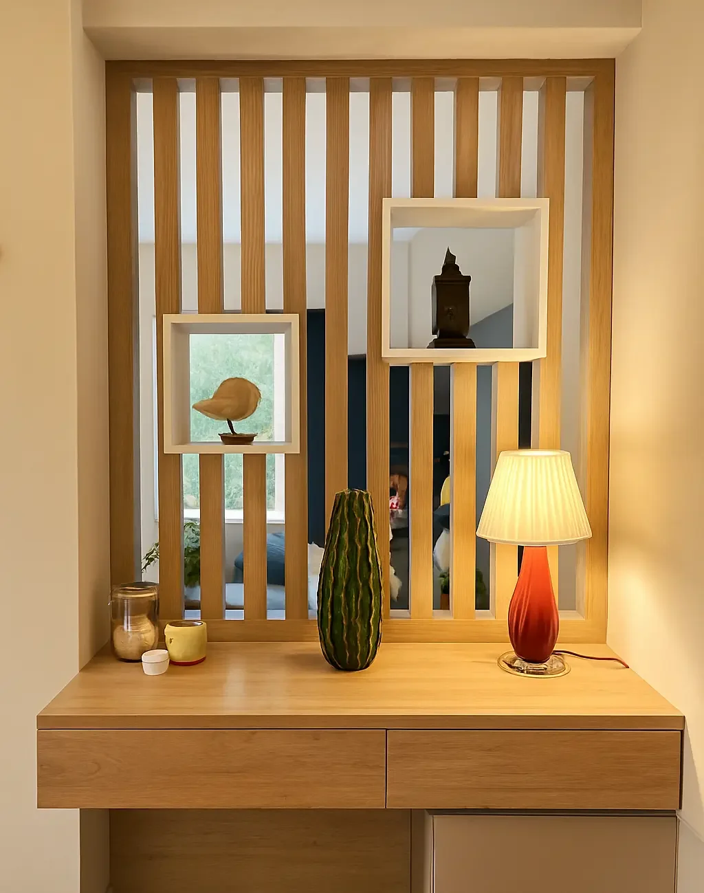 Claustra en bois avec niches décoratives et bureau intégré sur mesure réalisé par Oleksiak à Clermont-Ferrand, combinant élégance naturelle et fonctionnalité dans un espace de vie contemporain.