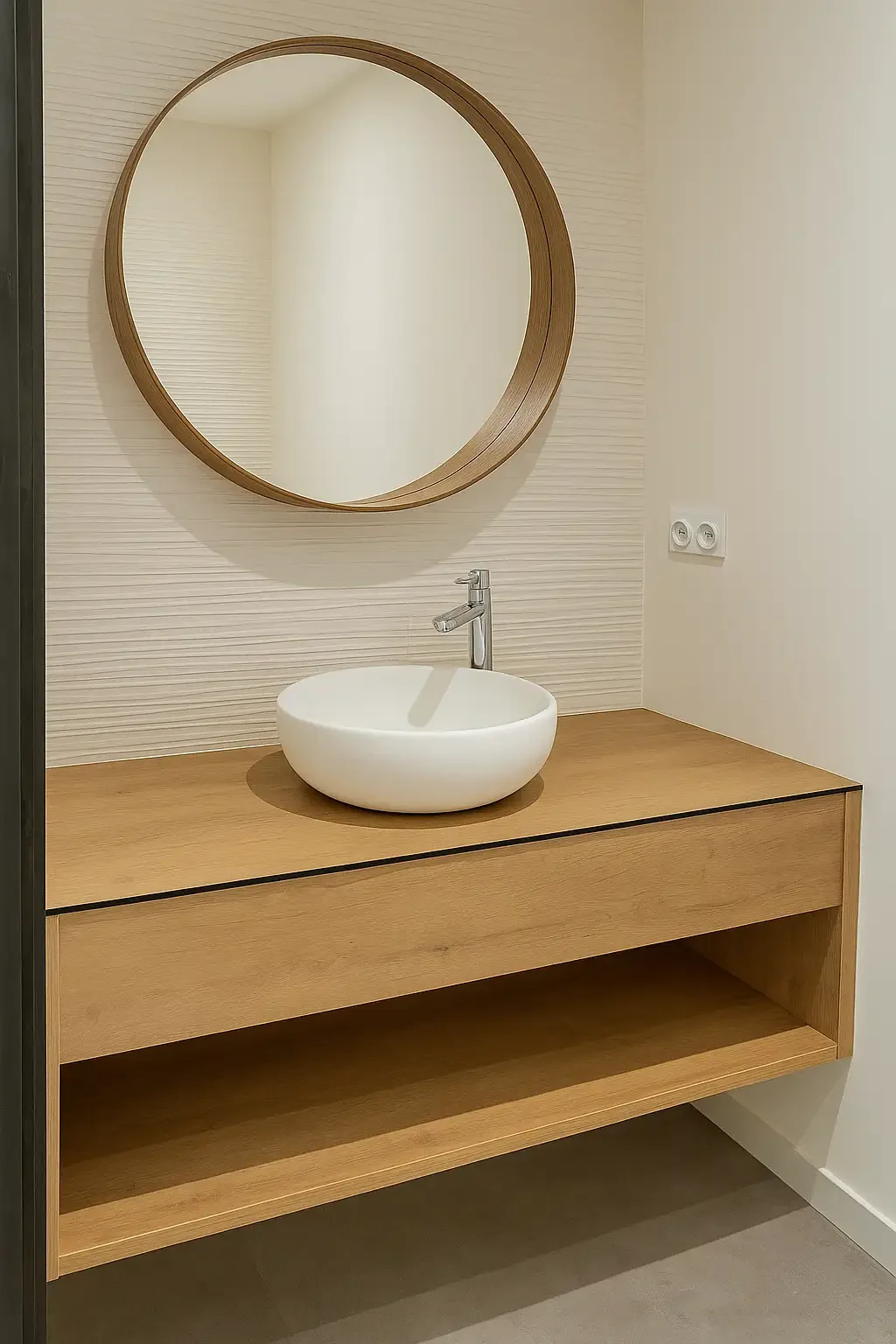 Salle de bain minimaliste avec meuble en bois clair, vasque ronde blanche et miroir circulaire, réalisée sur mesure par Oleksiak à Clermont-Ferrand.