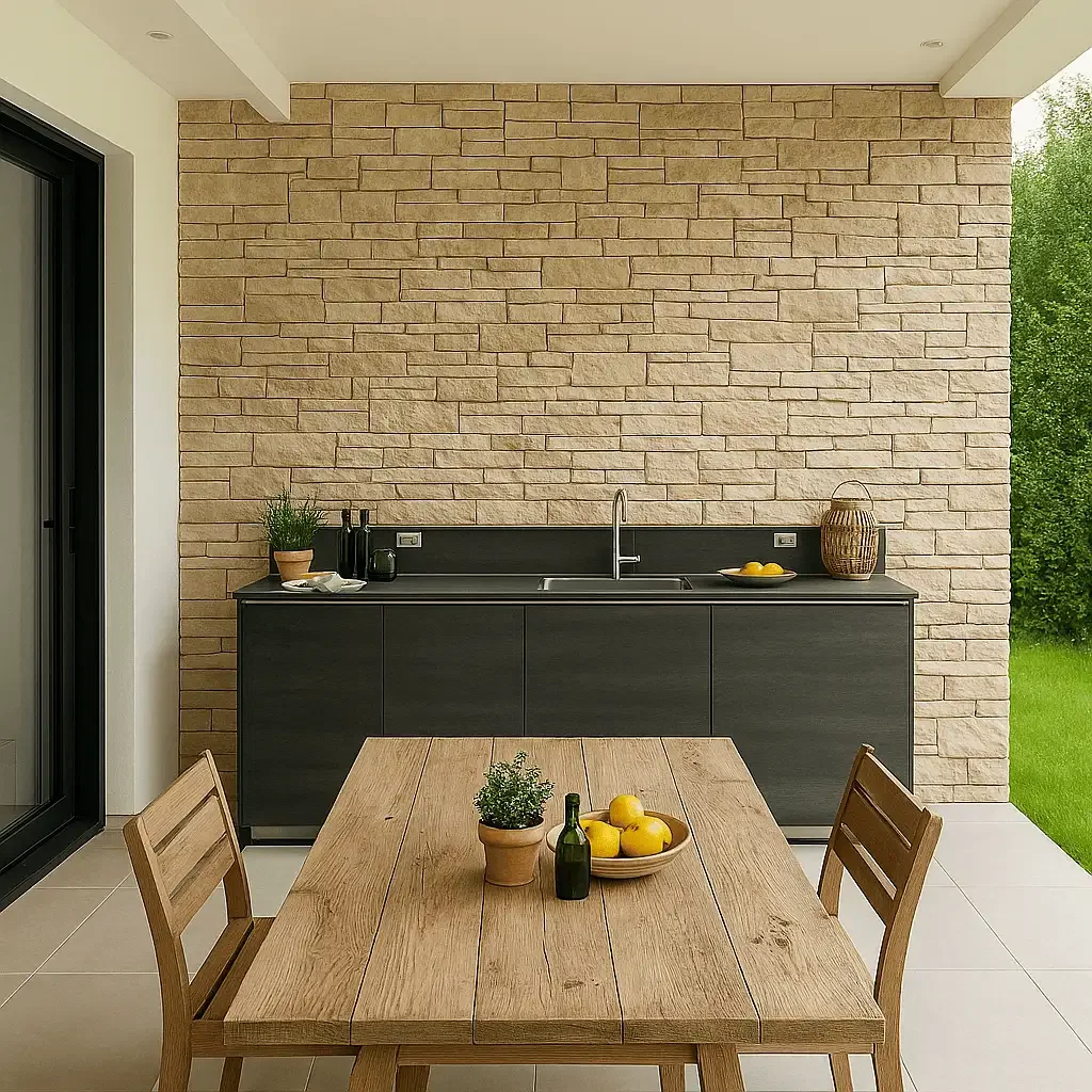 Cuisine extérieure contemporaine conçue sur mesure par Oleksiak à Clermont-Ferrand, avec façade en noir mat, plan de travail coordonné et mur en pierre naturelle pour un style élégant et chaleureux.