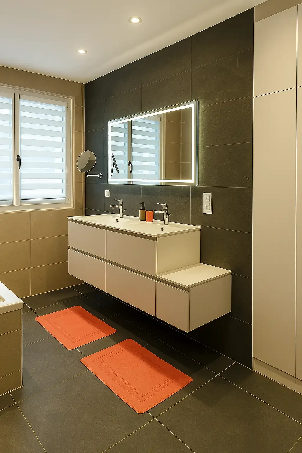 Salle de bain moderne aux tons beige et noir avec meuble suspendu à deux niveaux et miroir LED, conçue sur mesure par Oleksiak à Clermont-Ferrand.