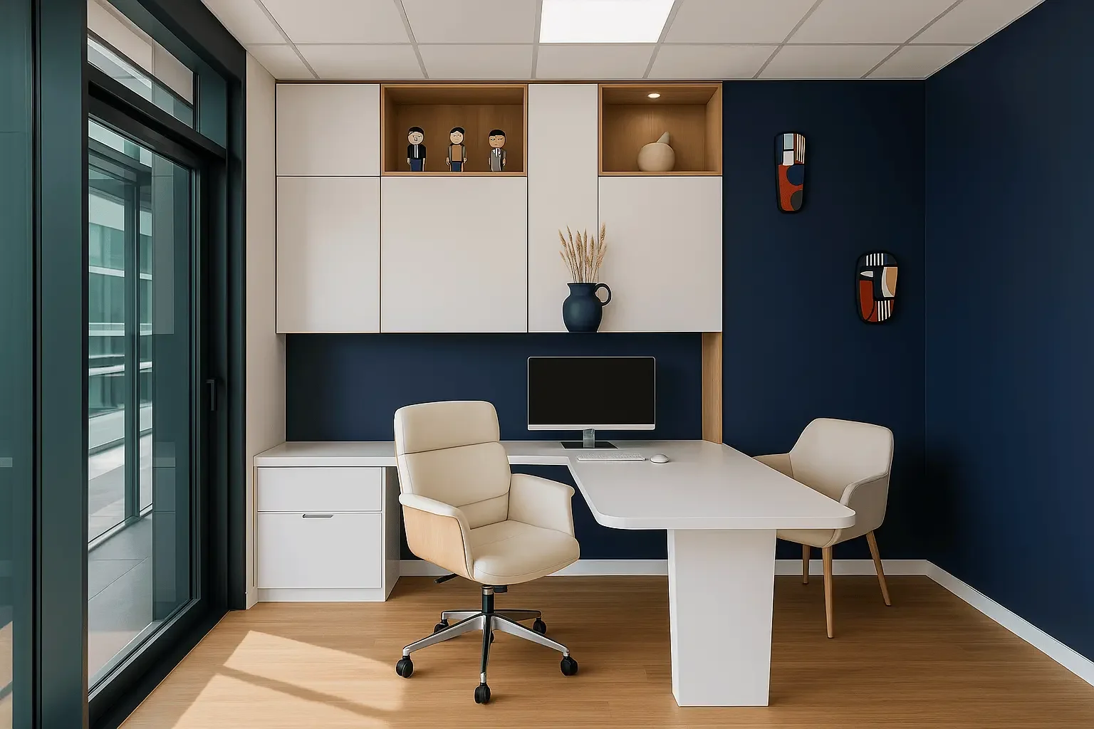 Bureau sur mesure conçu par Oleksiak à Clermont-Ferrand, avec rangements intégrés, façades blanches, détails en bois clair et mur bleu profond pour un espace de travail élégant et fonctionnel.