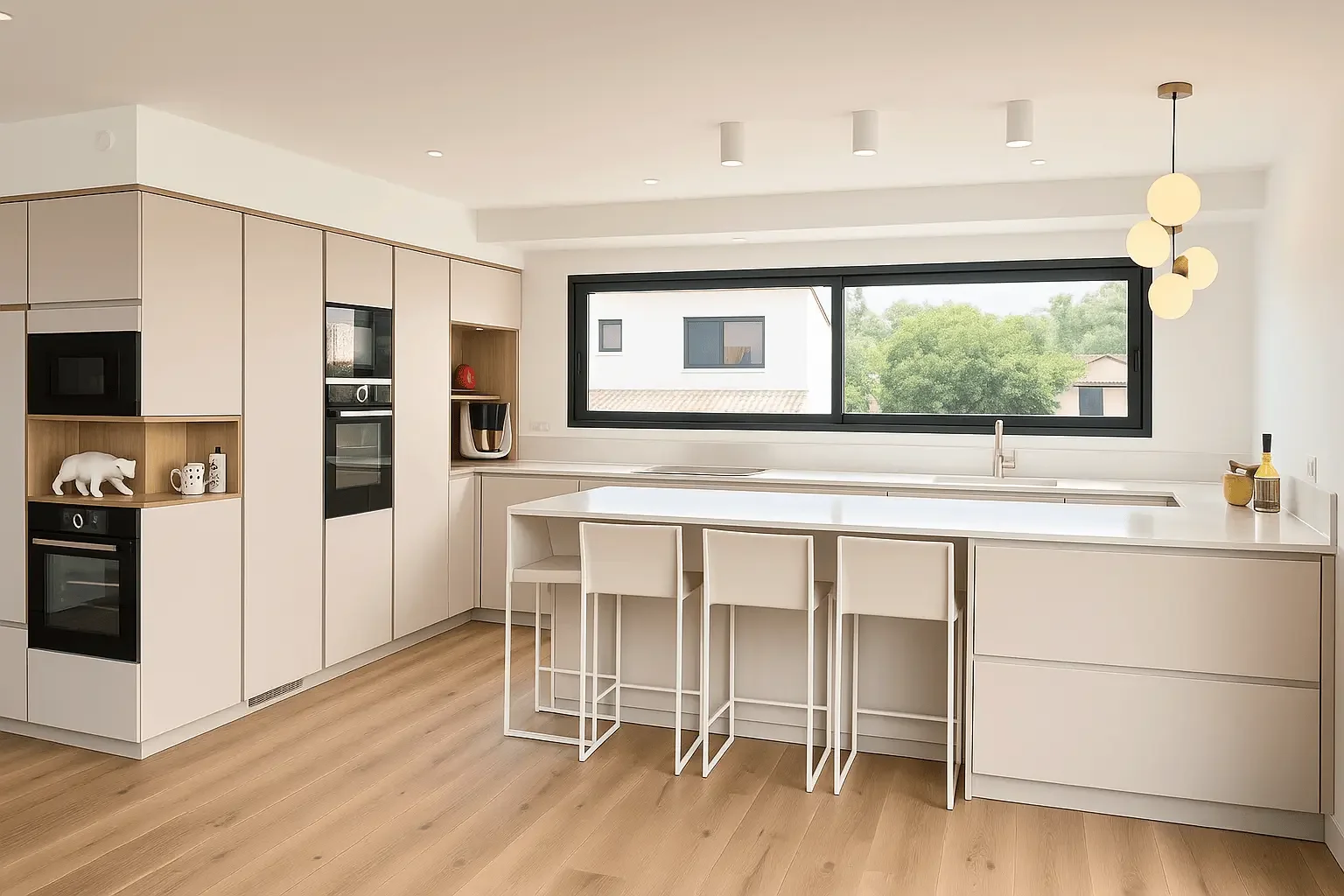 Cuisine contemporaine sur mesure réalisée par Oleksiak à Clermont-Ferrand, avec îlot central, rangements intégrés et finitions mates