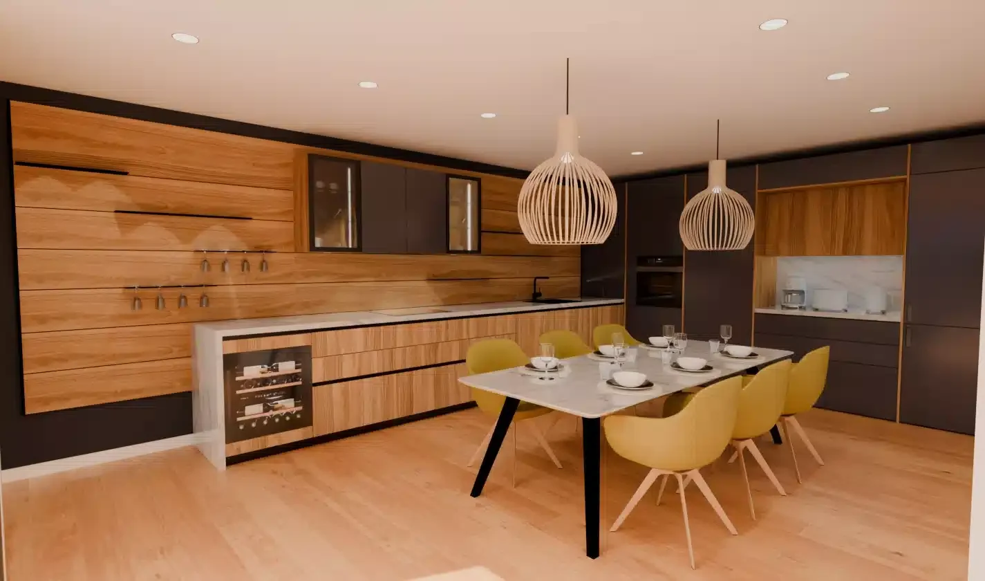 visuel 3d d'une cuisine sur mesure , avec des meubles aspect bois, des meubles vitrés et des étagères pour les verres suspendus