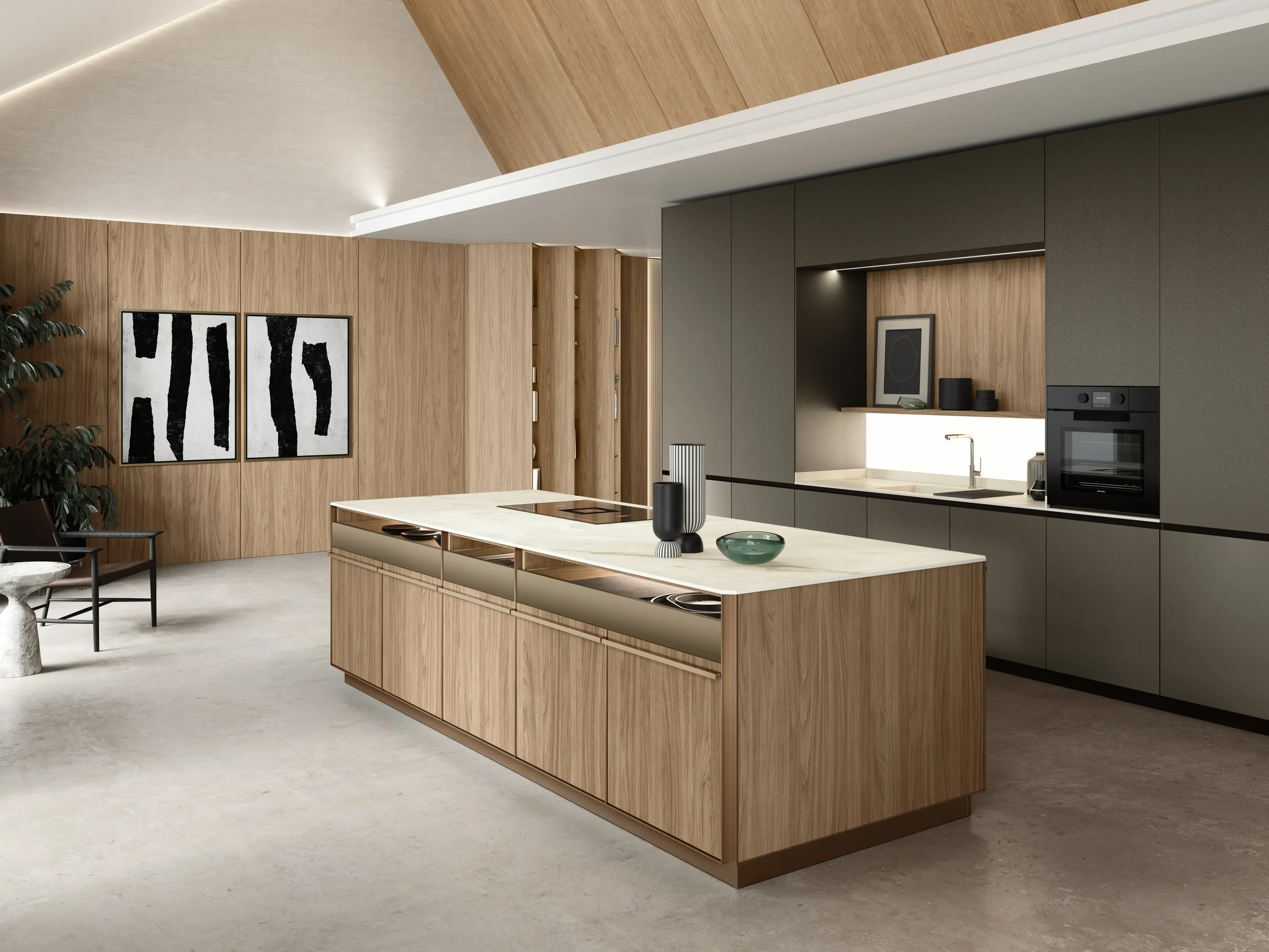 magnifique cuisine noire mat et bois veinage vertical sur mesure plan de travail effet marbre
