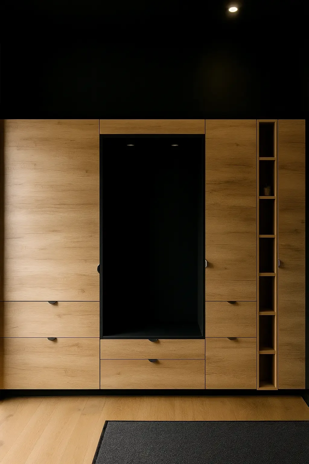 Dressing sur mesure en bois clair et noir, conçu par Oleksiak à Clermont-Ferrand. Un aménagement d’entrée élégant et fonctionnel, alliant chaleur du bois et sobriété du noir.