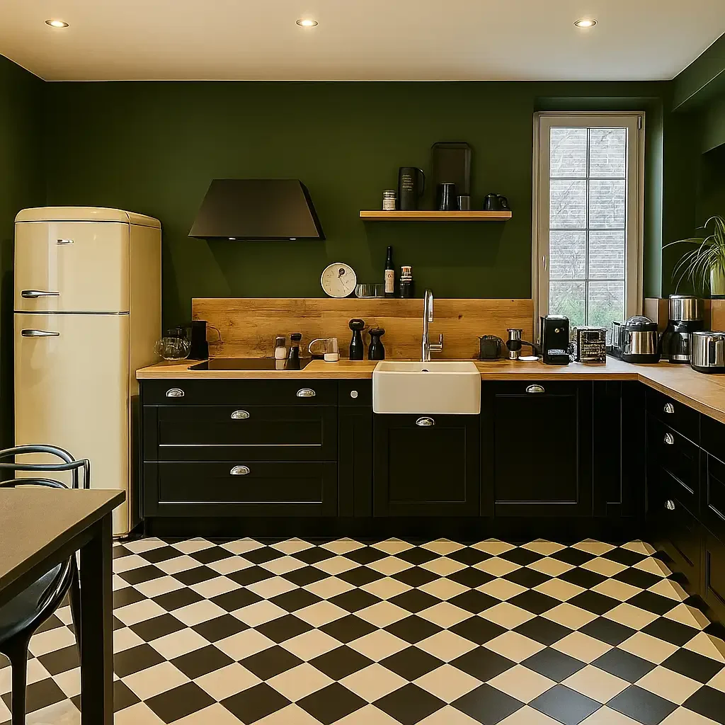 Cuisine de style campagne chic avec meubles noirs, plan de travail en bois et murs vert olive, réalisée sur mesure par Oleksiak à Clermont-Ferrand.