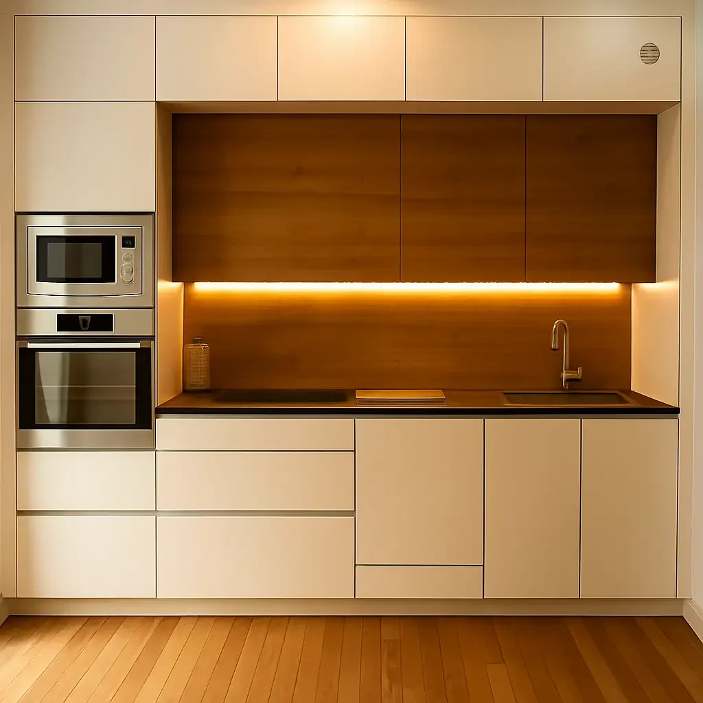 Cuisine blanche et bois au design épuré, avec éclairage LED intégré et électroménager encastré, réalisée sur mesure par Oleksiak à Clermont-Ferrand.