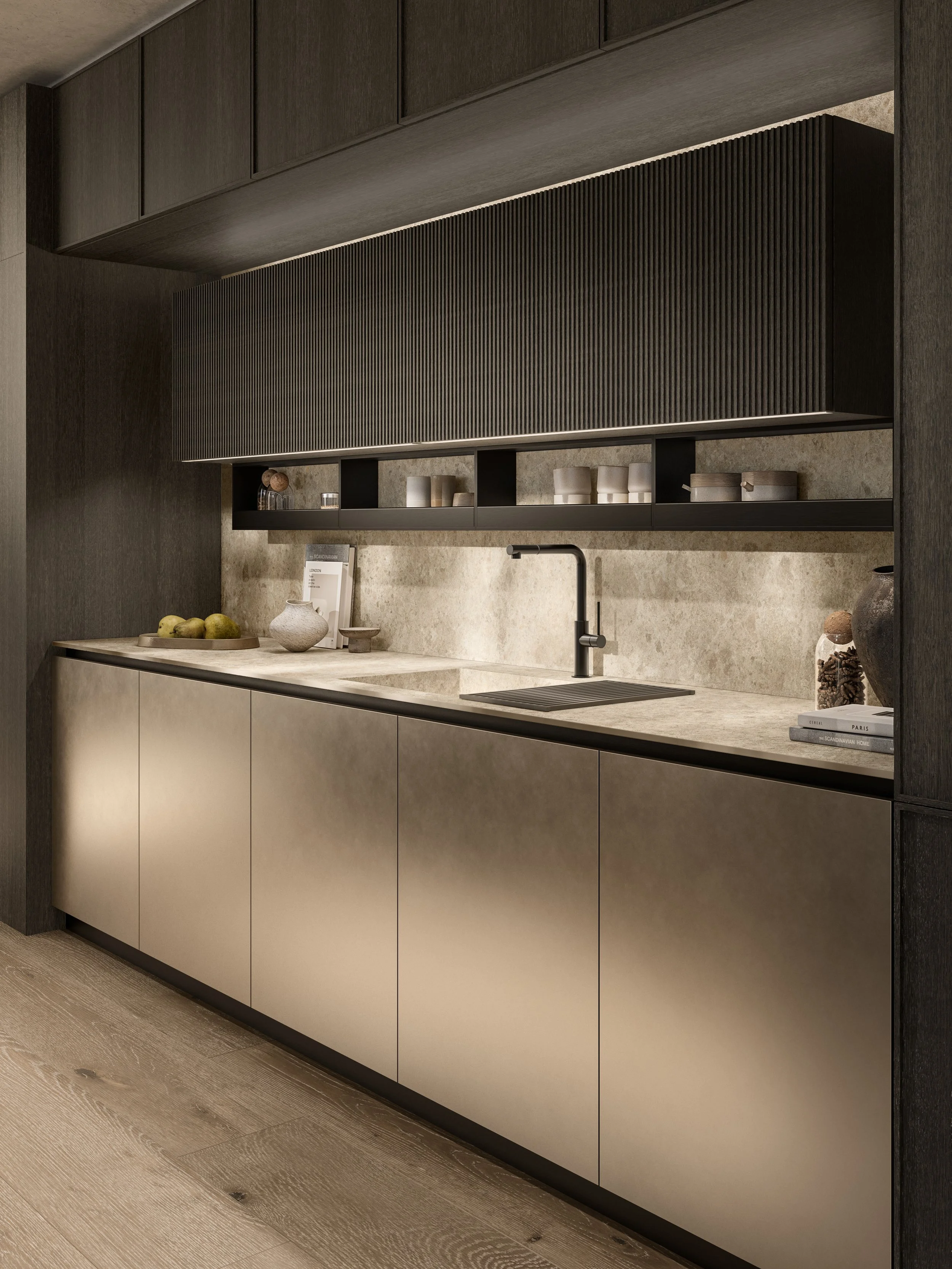 Cuisine contemporaine exposée dans le showroom Oleksiak à Clermont-Ferrand, avec façades texturées, plan de travail effet pierre et éclairage intégré.