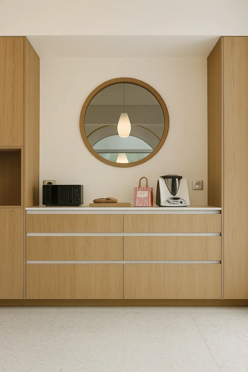 Meuble sur mesure en bois clair réalisé par Oleksiak à Clermont-Ferrand, intégrant un plan de travail blanc et un miroir rond central pour une touche élégante et fonctionnelle.