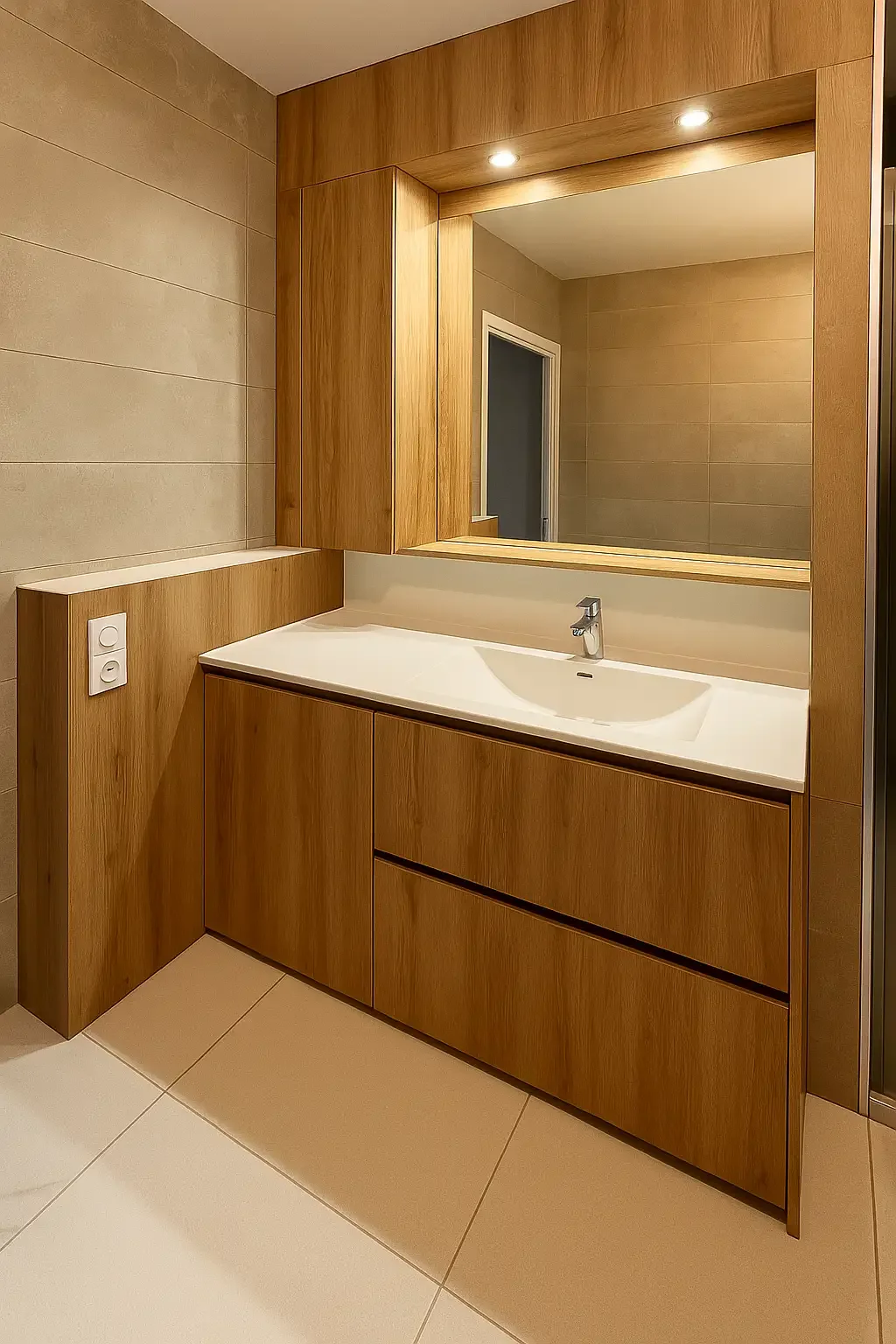 Salle de bain moderne avec meuble en bois, vasque blanche et grand miroir éclairé, réalisée sur mesure par Oleksiak à Clermont-Ferrand.