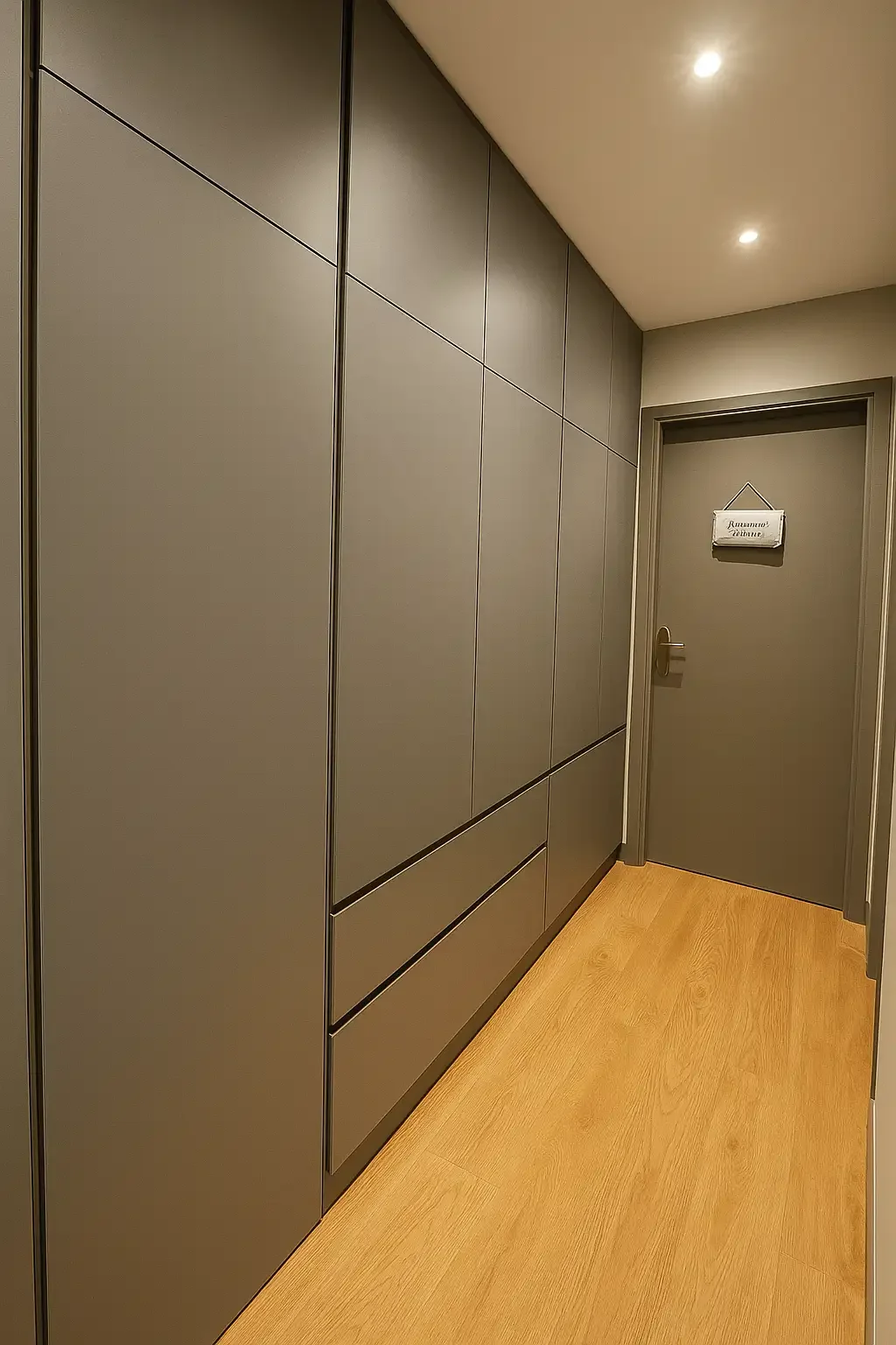 Dressing gris mat sur mesure dans un couloir, conçu par Oleksiak à Clermont-Ferrand. Un aménagement discret et élégant qui optimise l’espace avec style.