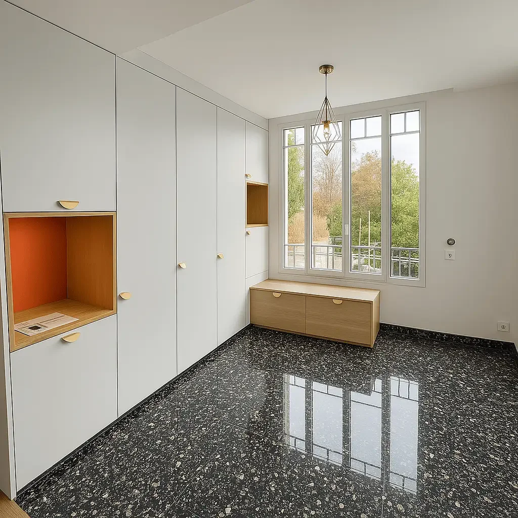 Dressing sur mesure conçu par Oleksiak à Clermont-Ferrand, avec rangements intégrés en façade blanche, niches en bois et assise sous la fenêtre, combinant fonctionnalité et élégance contemporaine.