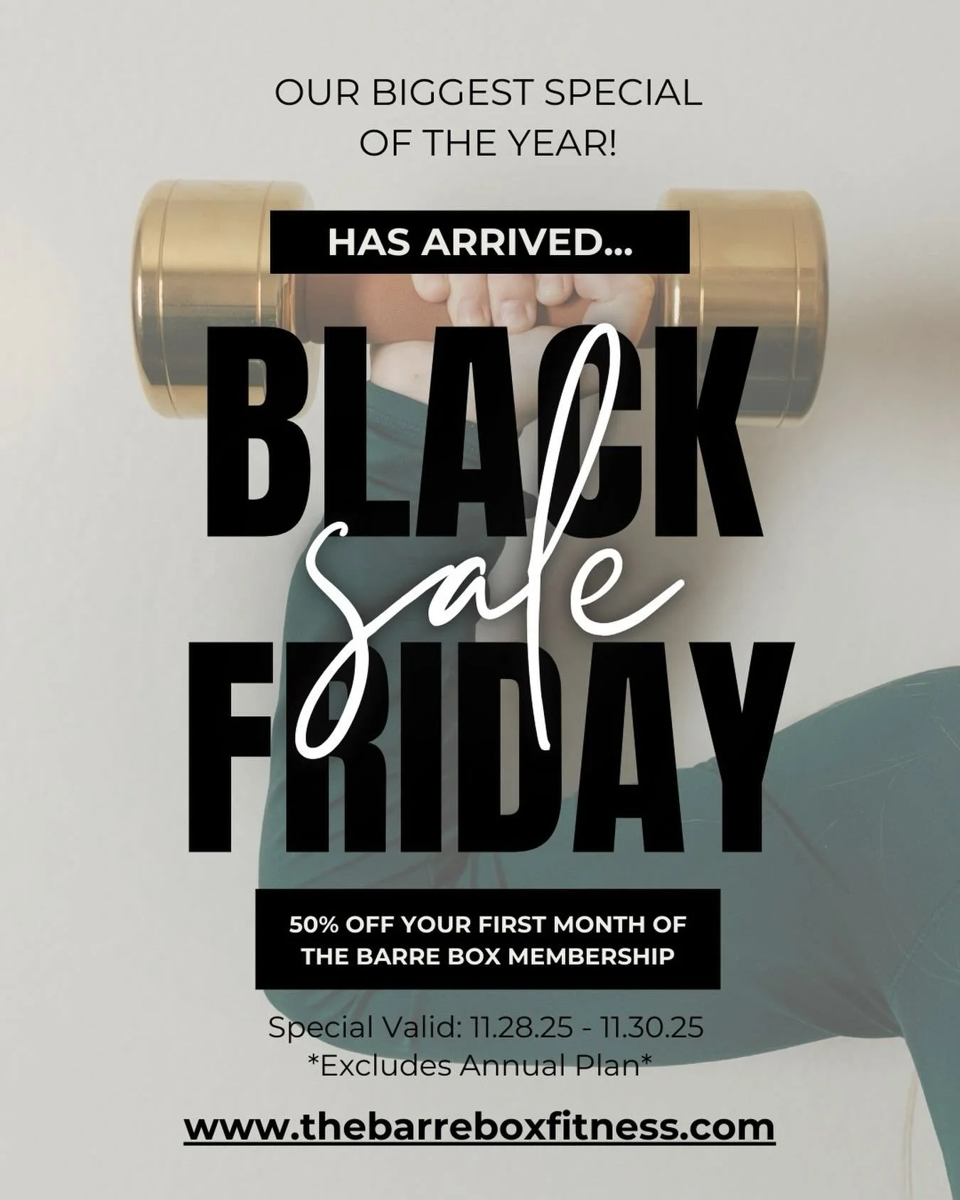 🔔Our Biggest Sale of the Year Has Arrived🔔
Enjoy 50% off the First Month of The Barre Box Membership! 
Special Valid: 11.28.25 - 11.30.25 
* excludes annual plan * 
Ready to find routine in your fitness journey? Comment &ldquo;Train&rdquo; to learn