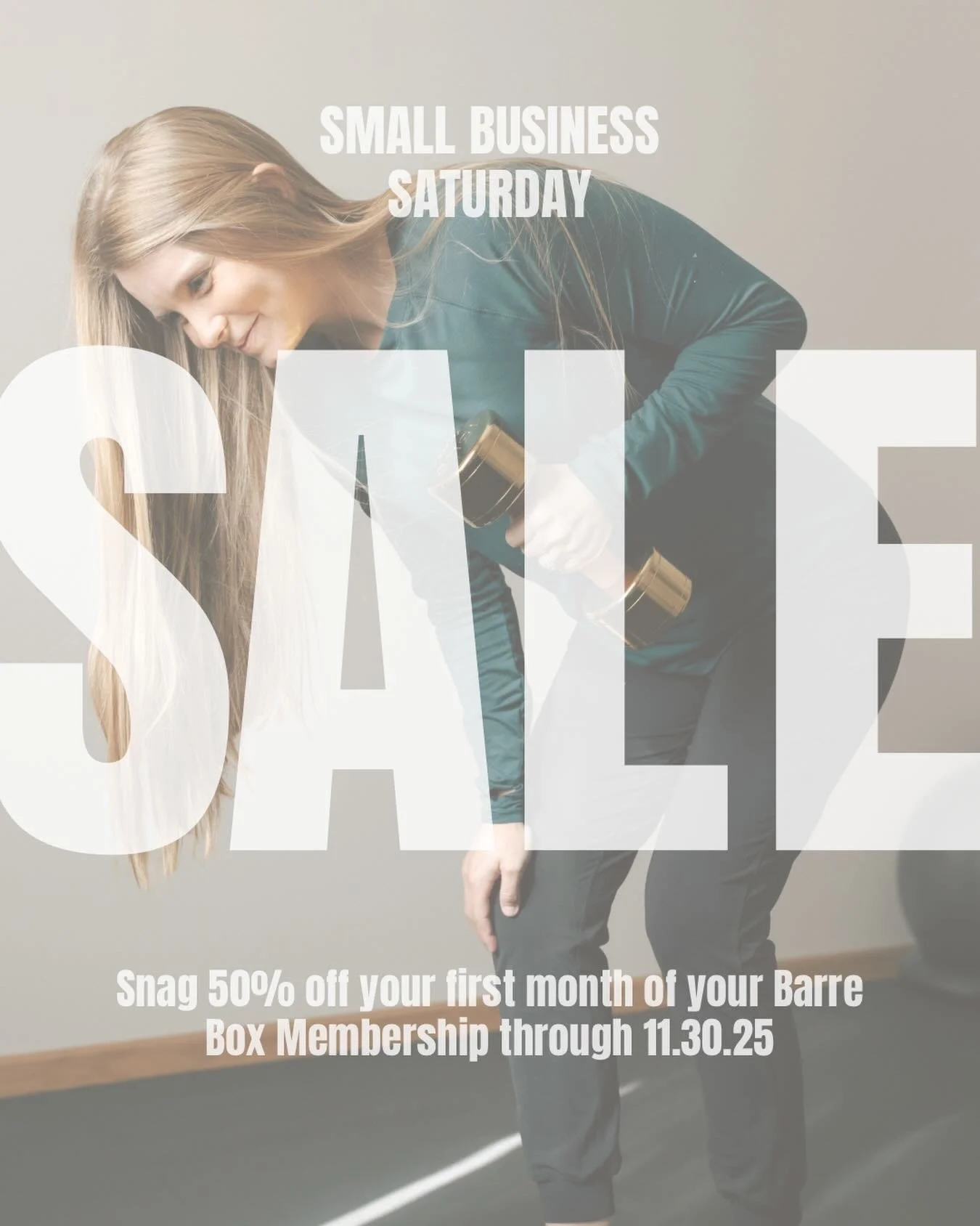 🔔Small Business Saturday Sale🔔
Enjoy 50% off your first month of your Barre Box Membership until 11.30.25! Comment &ldquo;train&rdquo; to learn more about joining our Online Women&rsquo;s Fitness Program! 

Small Businesses Appreciate You🤍

#small