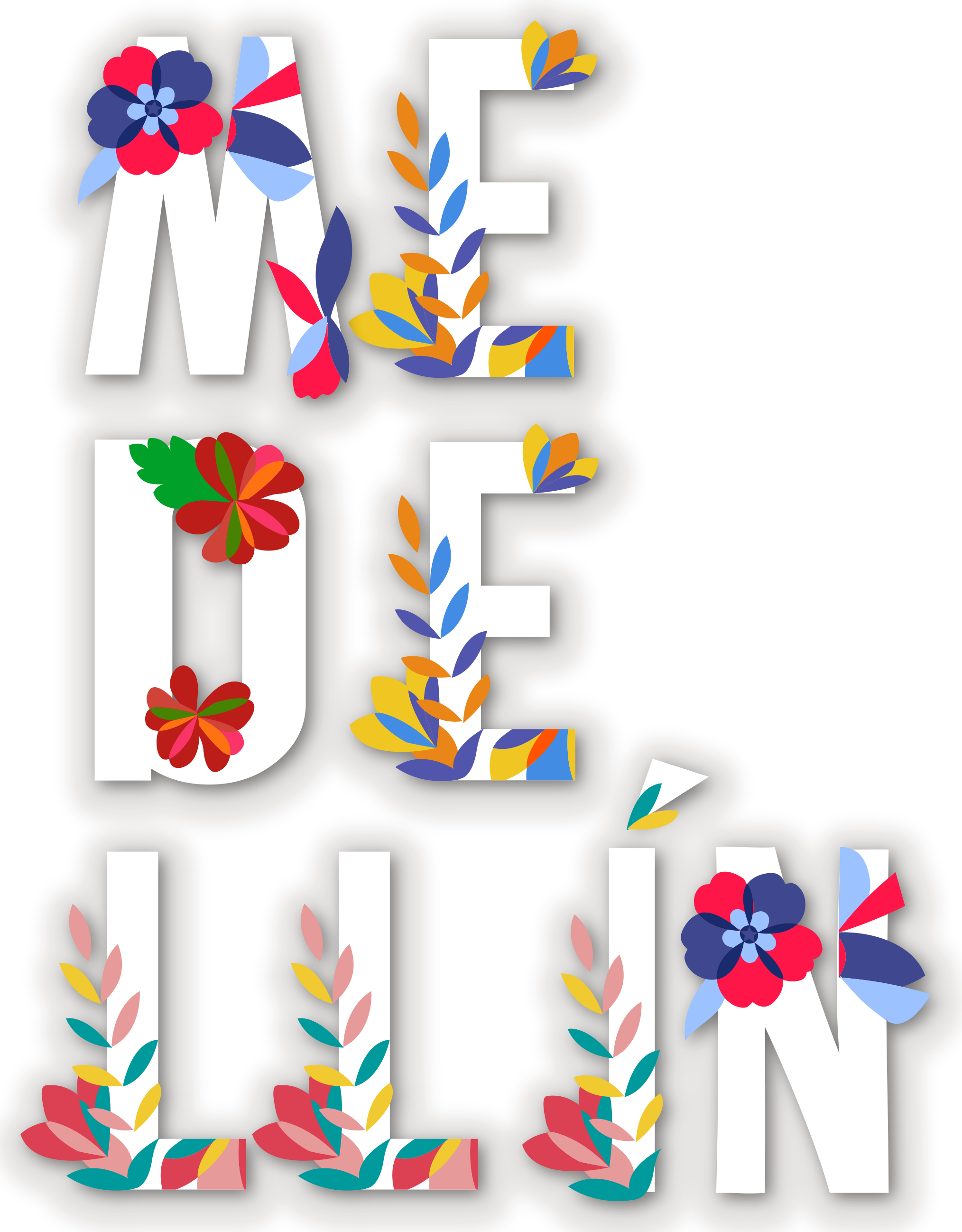 Palabras 'Medellín' en letras grandes decoradas con flores y hojas de colores vivos sobre un fondo oscuro.