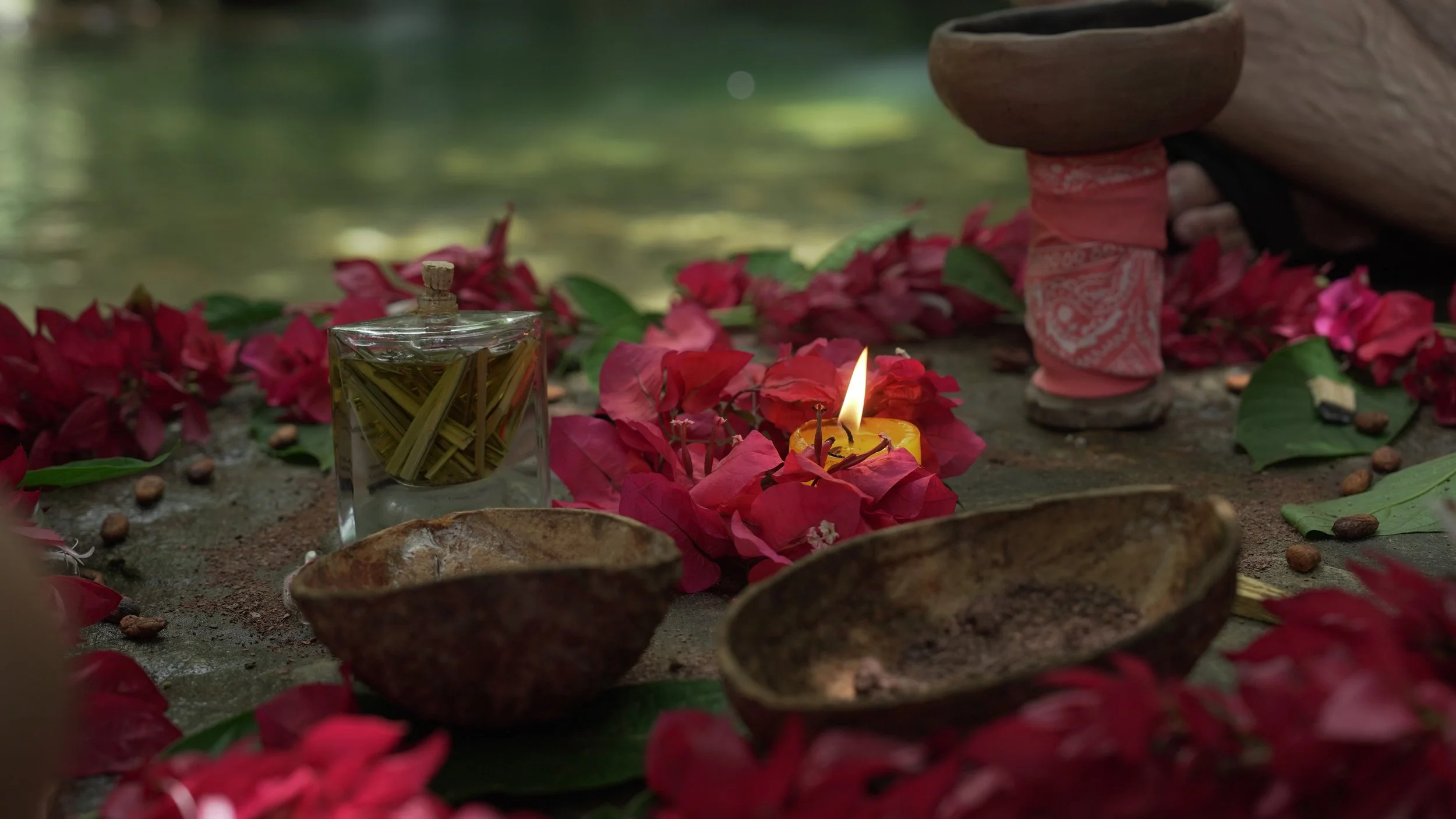 Vela encendida, pétalos de flores rojos, pequeños recipientes de barro, y una botella con hierbas en un entorno natural, posiblemente para un ritual o ceremonia espiritual.