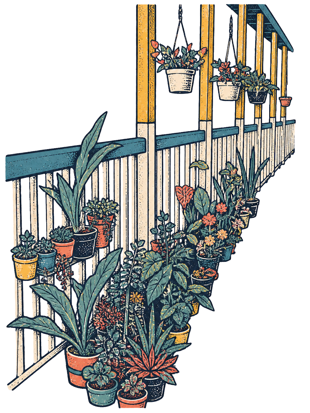 Balcón con macetas llenas de plantas y flores decorativas