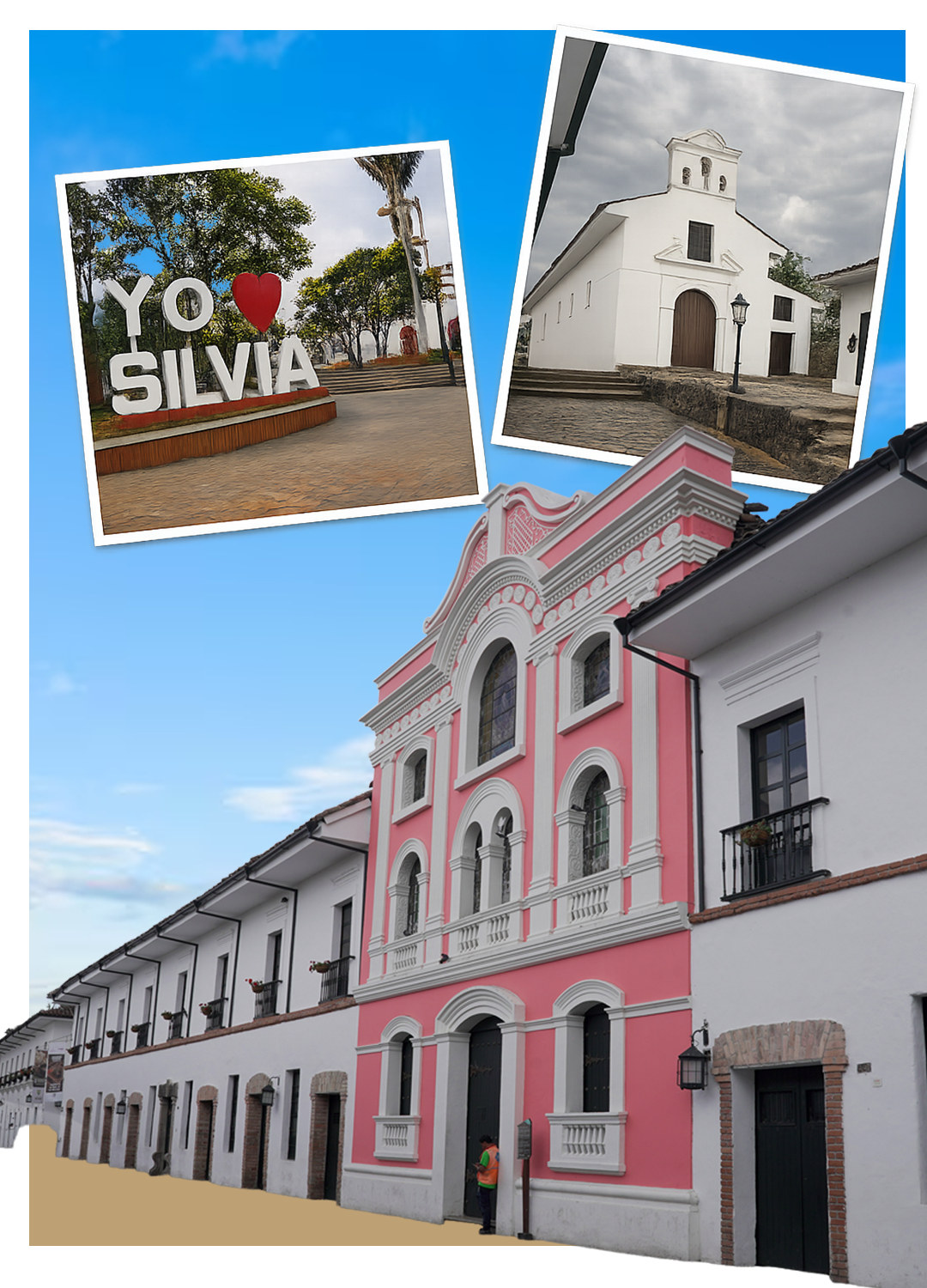 Tres fotografías de edificios y lugares históricas. La primera muestra un cartel que dice "Yo ❤️ Silvia" en un parque con árboles. La segunda muestra una iglesia blanca con cúpula pequeña, y la tercera muestra un edificio rosa con detalles arquitectónicos decorativos y ventanas con rejas.