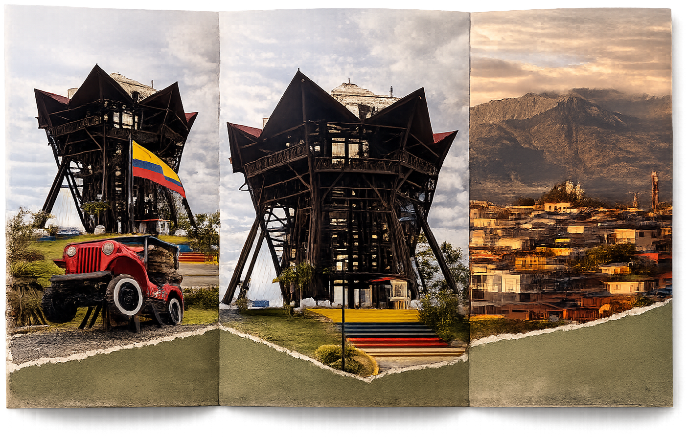 Fotomontaje con tres imágenes, la primera muestra una estructura de madera con forma de casa en la cima de una colina con la bandera de Colombia, y un auto antiguo rojo en primer plano. La segunda imagen muestra la misma estructura de madera desde otro ángulo. La tercera imagen presenta un paisaje de una ciudad con montañas al fondo durante el atardecer.