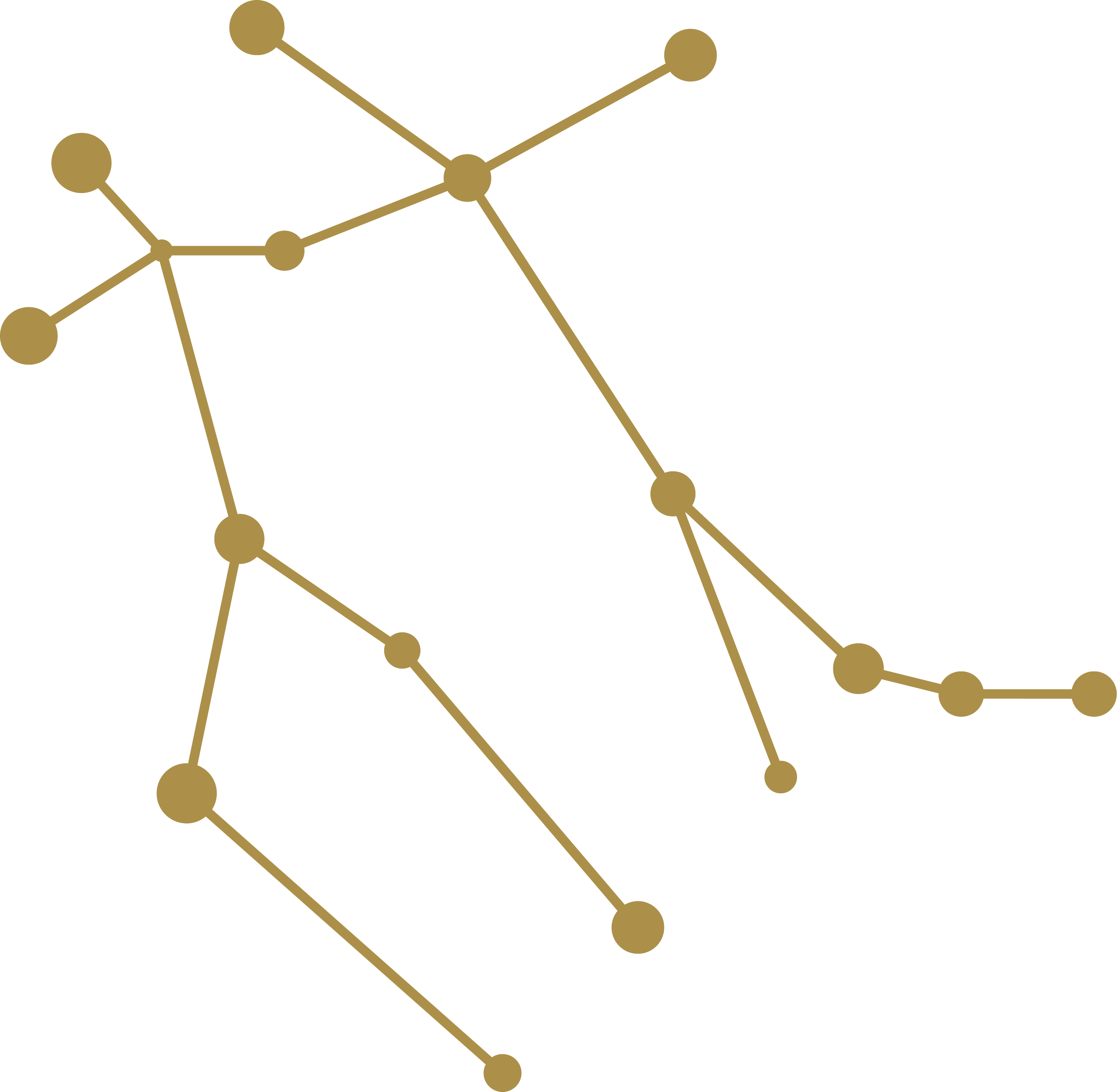 Diagrama de red con nodos circulares de color dorado conectados por líneas doradas sobre fondo negro.