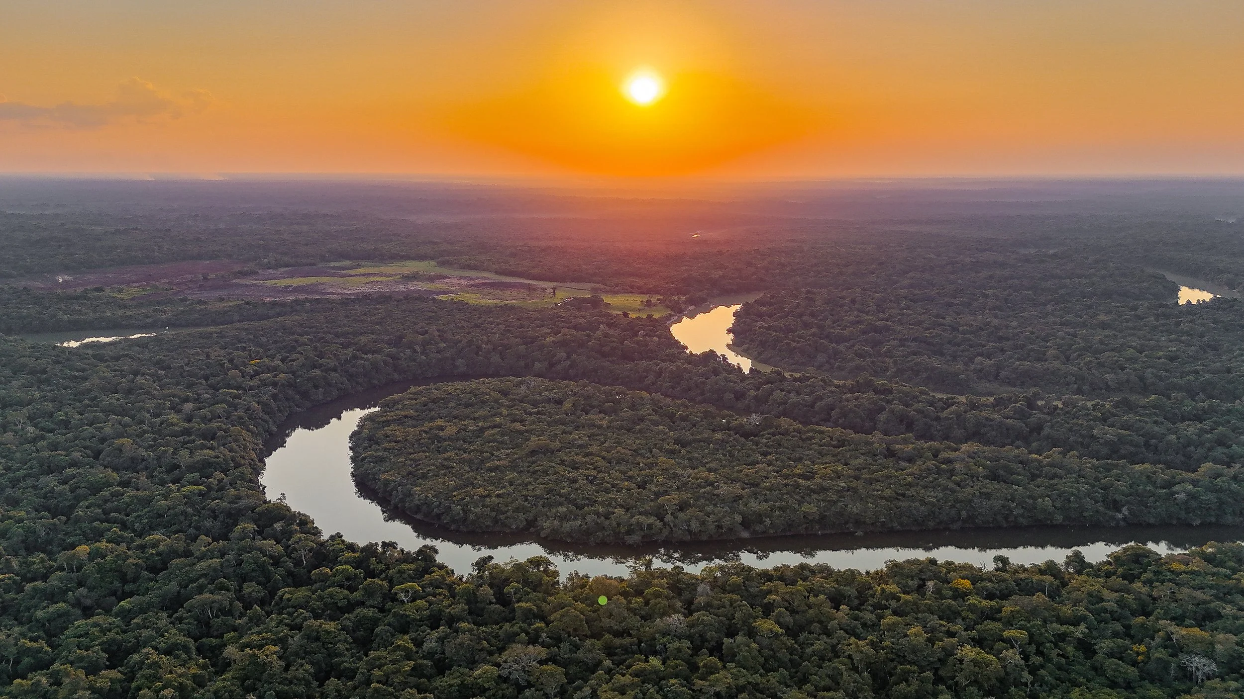 Paisaje de un río serpenteando a través de un bosque espeso durante un atardecer, con el sol brillante en el horizonte y el cielo con tonalidades anaranjadas.