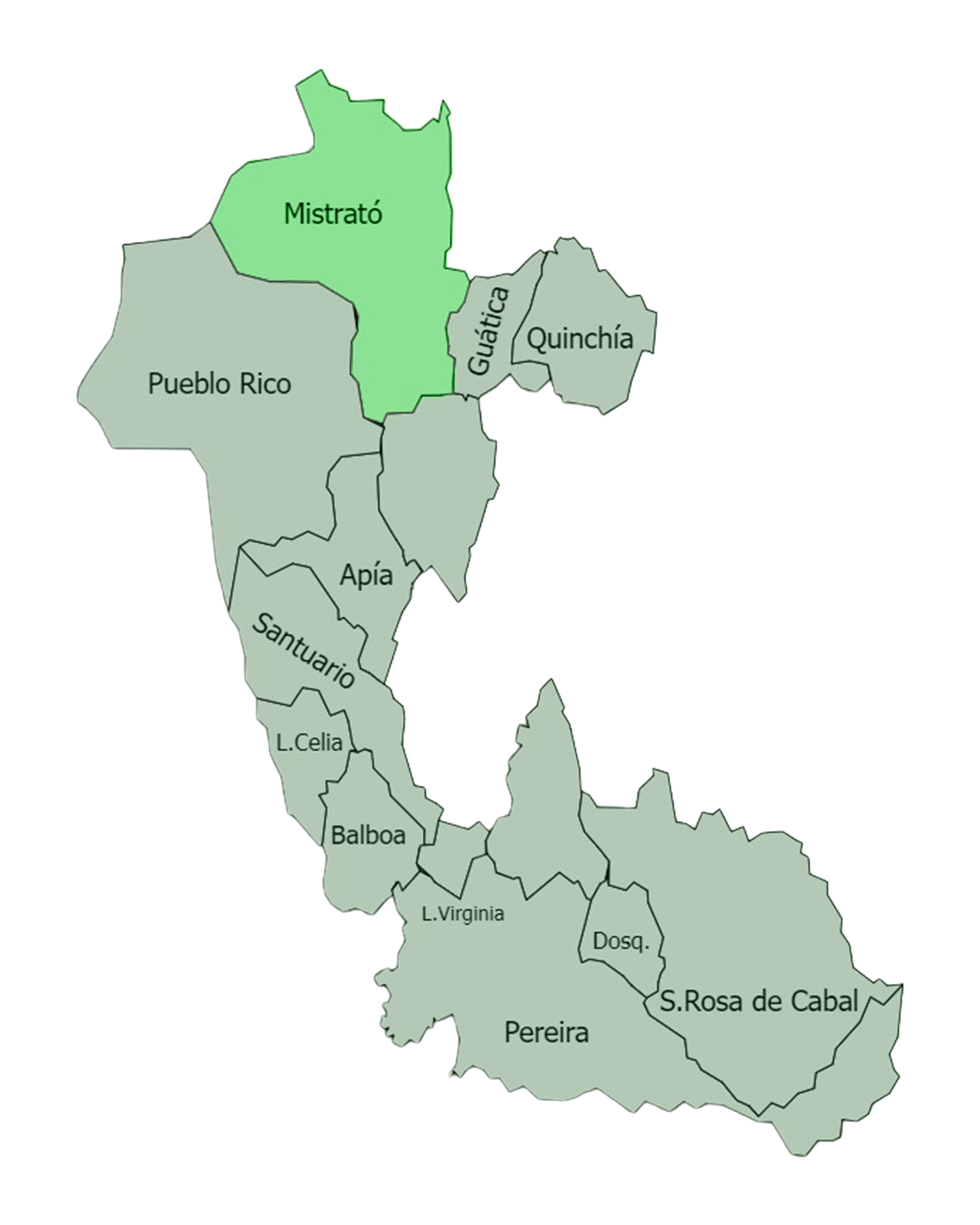 Mapa político de Risaralda, Colombia con varias provincias, resaltando Mistrató en verde y otras provincias en gris claro.
