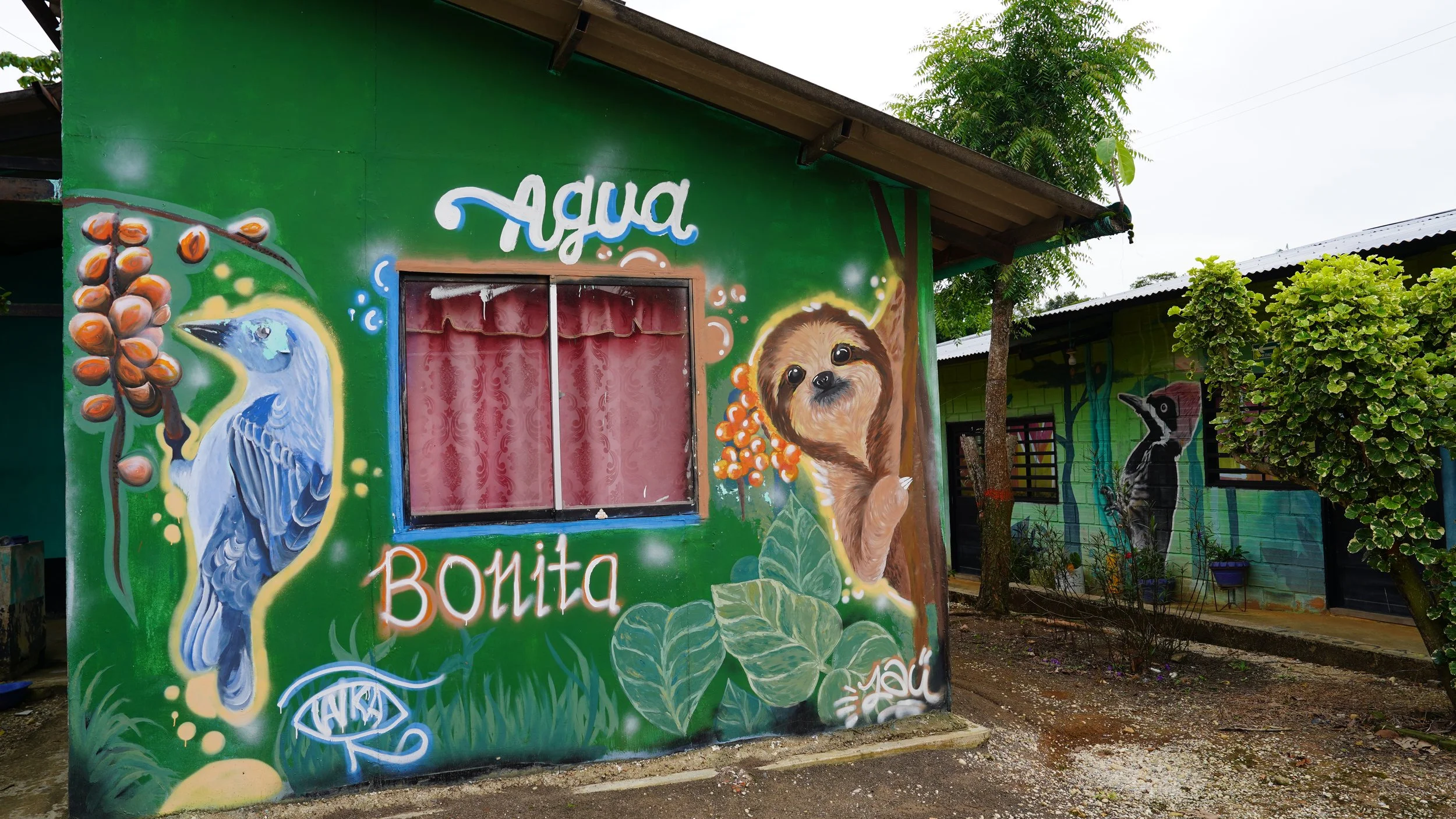 Pared de un edificio con pintura mural que dice 'Agua' y 'Bocadillo' con dibujos de un pájaro, un oso hormiguero y un puma entre vegetación colorida.