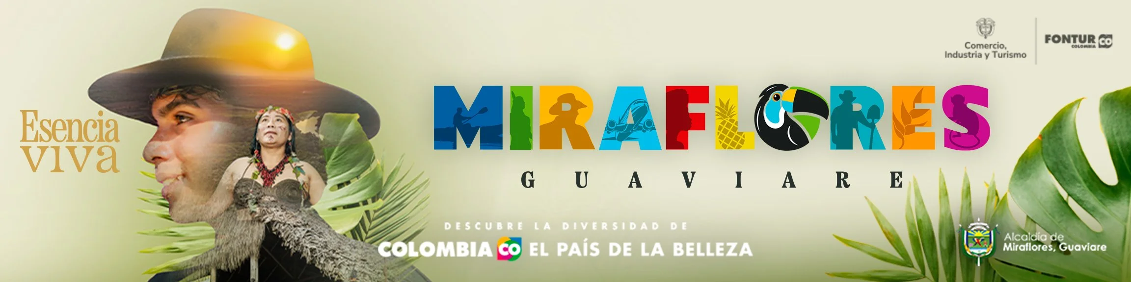 Cartel promocional del Miraflores con imágenes culturales y naturales, incluyendo rostros de personas, animales y plantas tropicales, destacando la diversidad y belleza del departamento de Guaviare en Colombia.