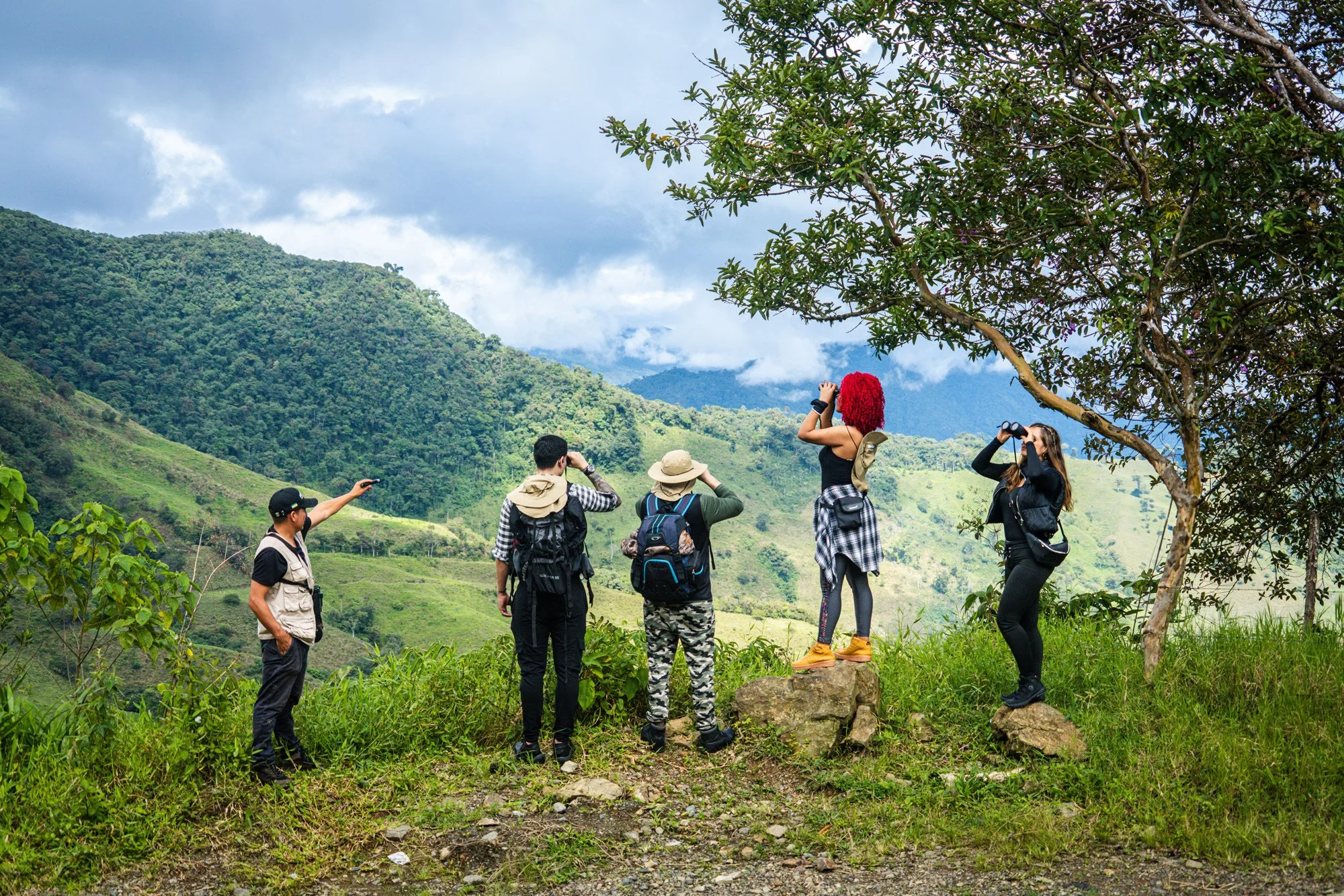 Grupo de personas en caminata por un paisaje montañoso con árboles y nubes, algunos observando el paisaje con binoculares y otros tomando fotos.