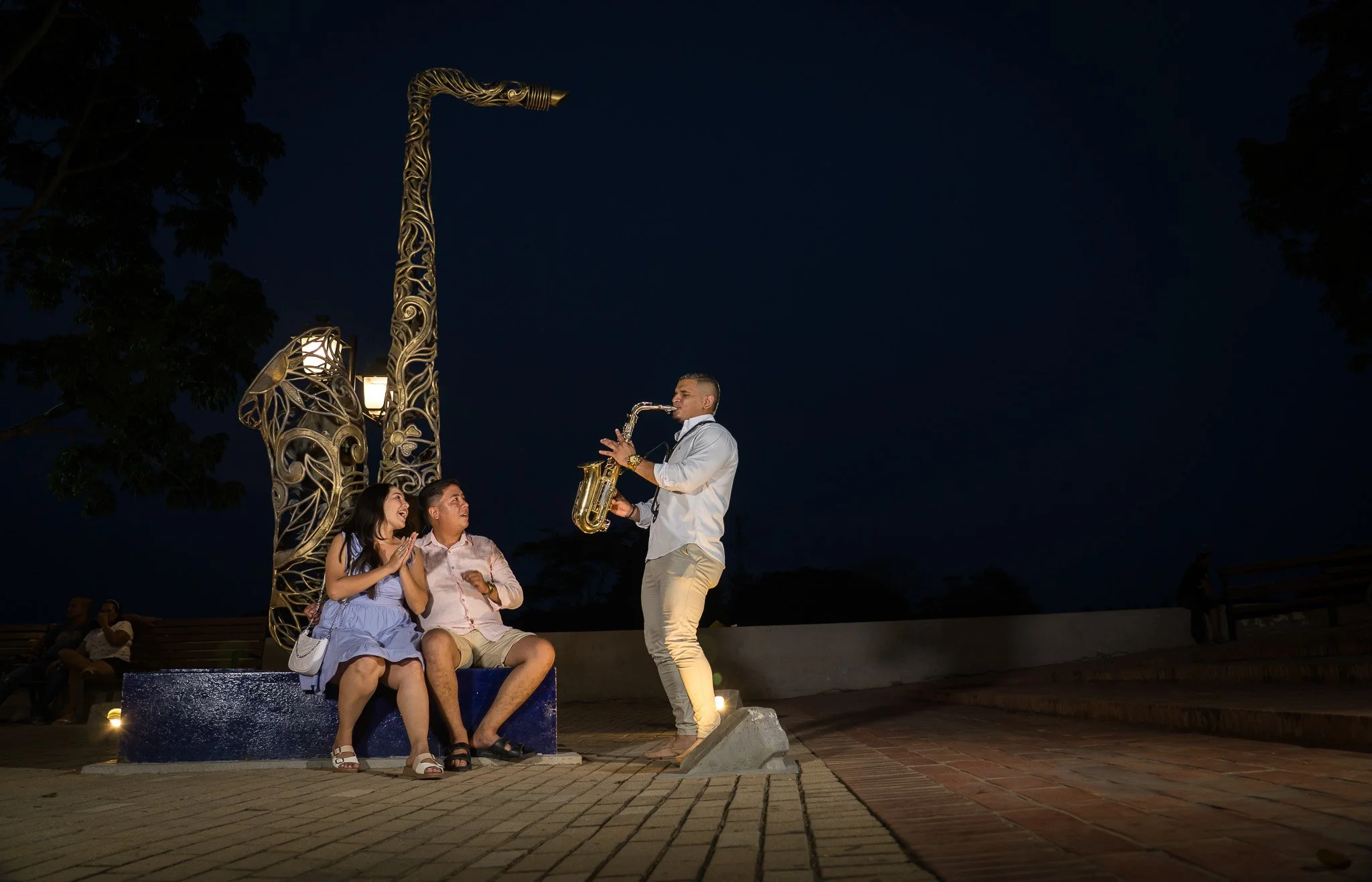 Un joven tocando el saxofón en la noche mientras un grupo de personas lo escucha en un parque iluminado con farolas y rodeado de árboles.