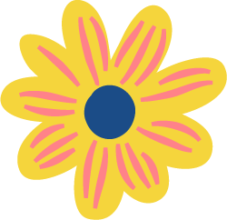 Dibujo de una flor amarilla con centro azul y líneas rosadas en los pétalos.