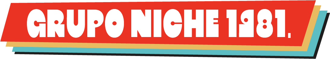 Texto que dice 'GRUPO NICHE 181' en letras grandes y blancas sobre un fondo color rojo, con bordes en colores amarillo, azul y verde.