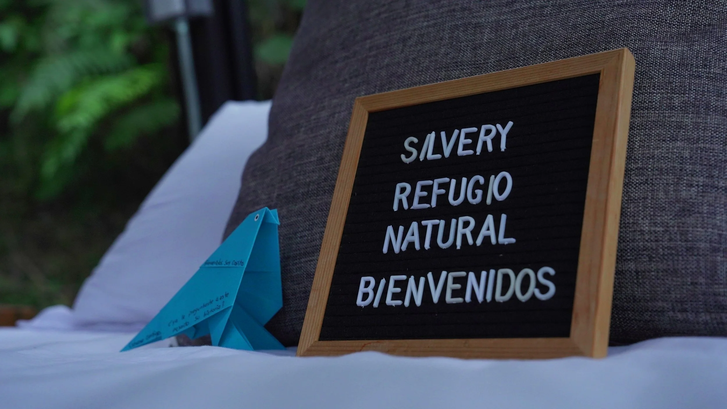 Un cartel negro con marco de madera que dice 'Salvery Refugio Natural' y varias notas y etiquetas sobre una superficie blanca cerca de un fondo con vegetación verde.