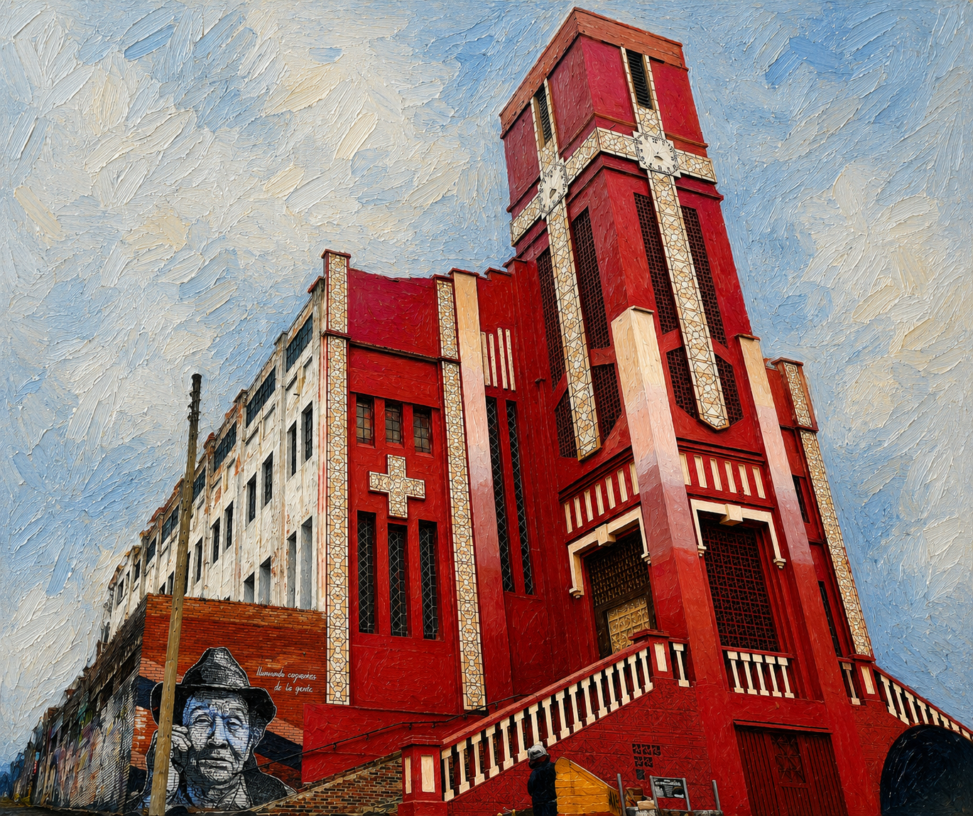 Edificio rojo con arquitectura art déco, con una cruz y un reloj en la torre, y murales en la base, en un día despejado con cielo azul y nubes.