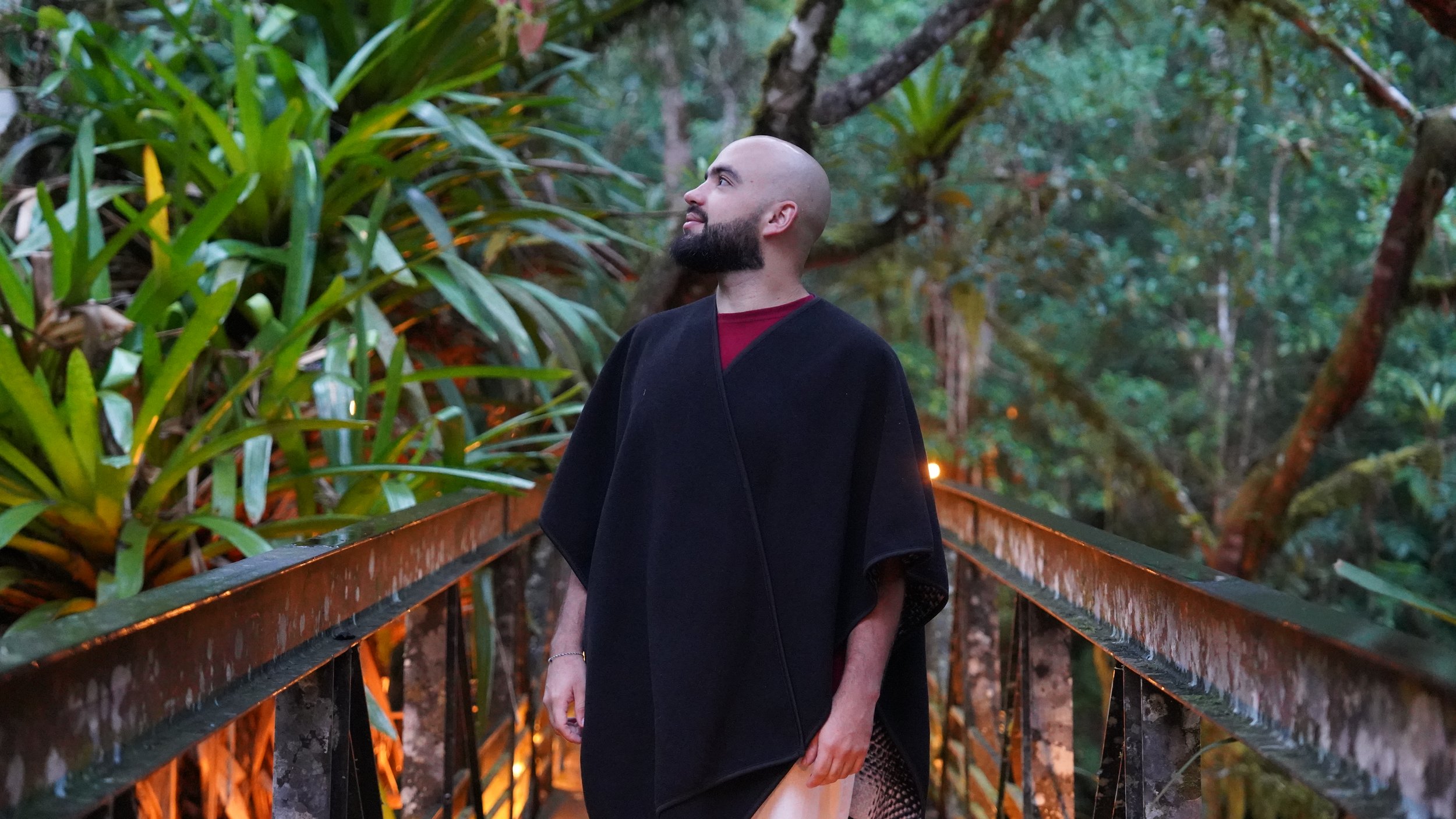 Hombre con barba y cabeza rapada caminando por un puente en un entorno natural con árboles y plantas verdes.