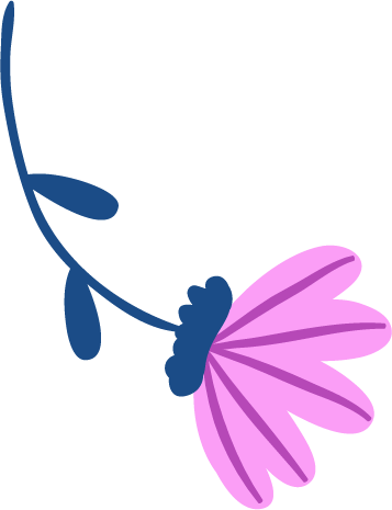Dibujo de una flor de color rosa y azul con un tallo curvado.