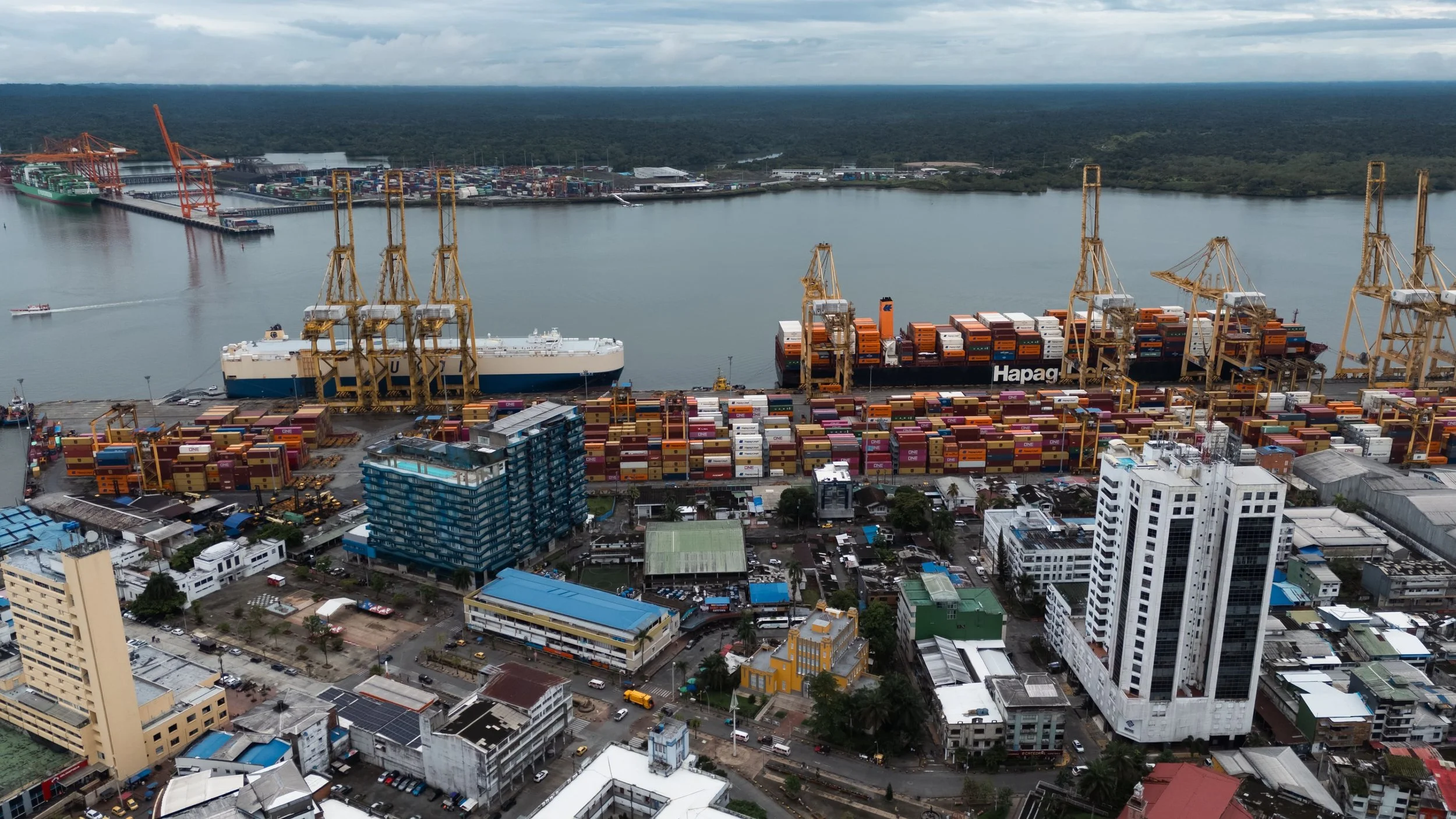 Vista aérea de un puerto con múltiples cargueros y grúas de carga, entre edificios urbanos y un río o canal con un fondo de bosque verde y cielo nublado.