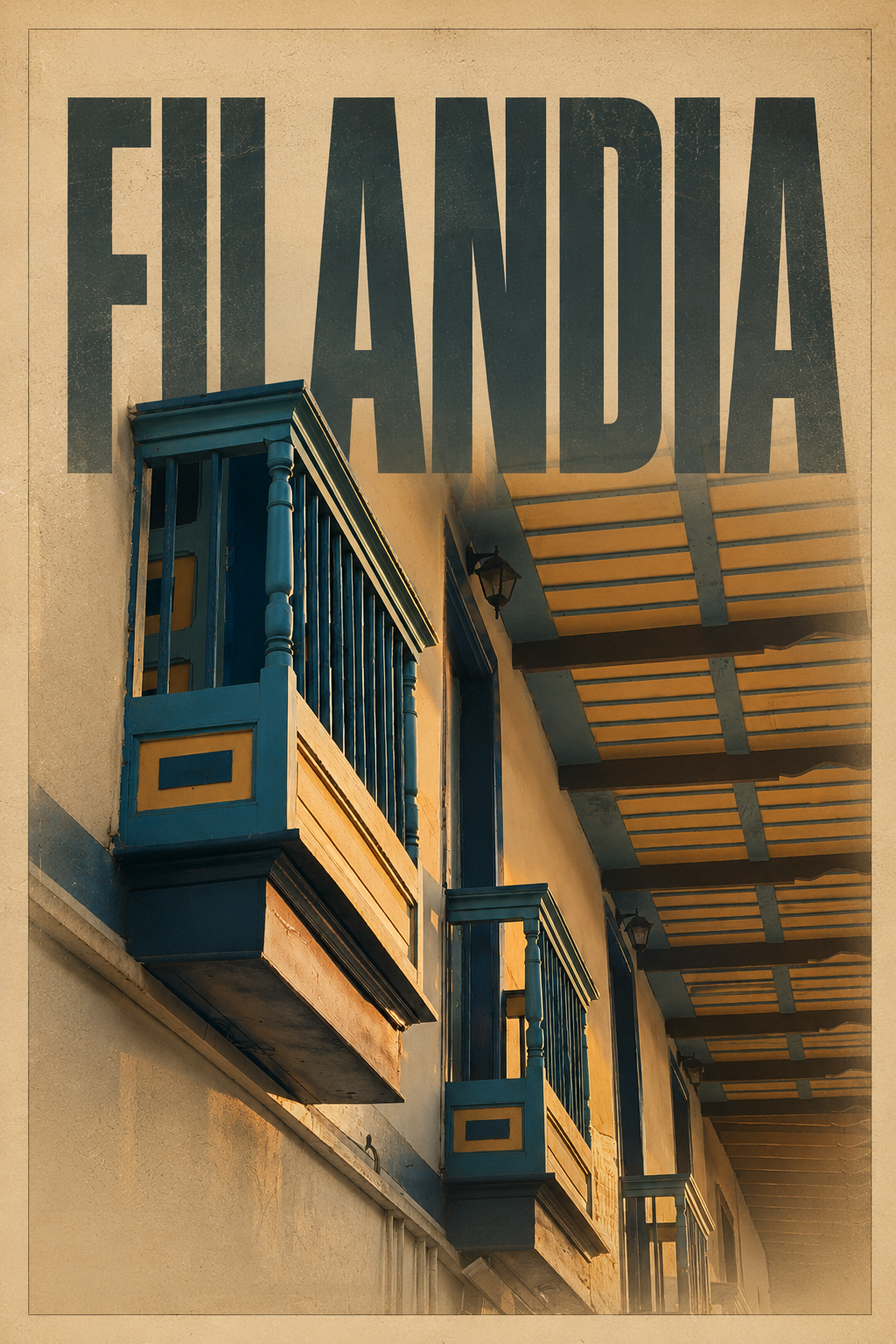 Balcones de un edificio con barandales azules y toldos amarillos, en una calle con luz cálida.