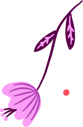 Ilustración de una flor y hojas en tonos morados y rosados.