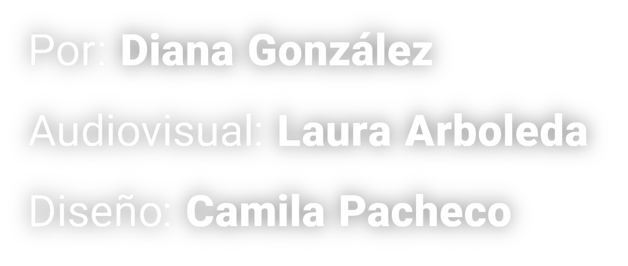 Texto en varios cuadros negros con letras blancas que dice: Por: Diana González, Audiovisual: Laura Arboleda, Diseño: Camila Pacheco.