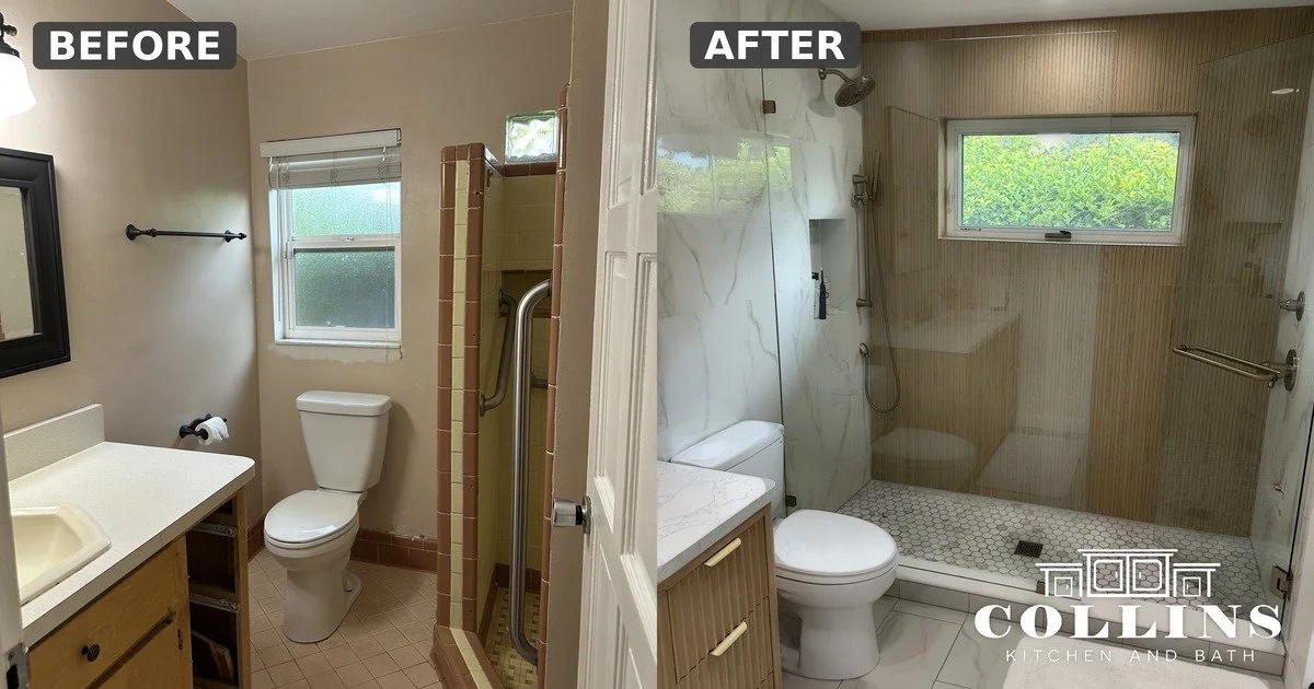 Before and after of a Central Florida bathroom remodel, a dated enclosed shower and worn vanity replaced with a walk-in glass shower, marble-look tile, and a new wood vanity.