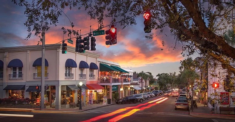 Sunset over Mount Dora Downtown. 