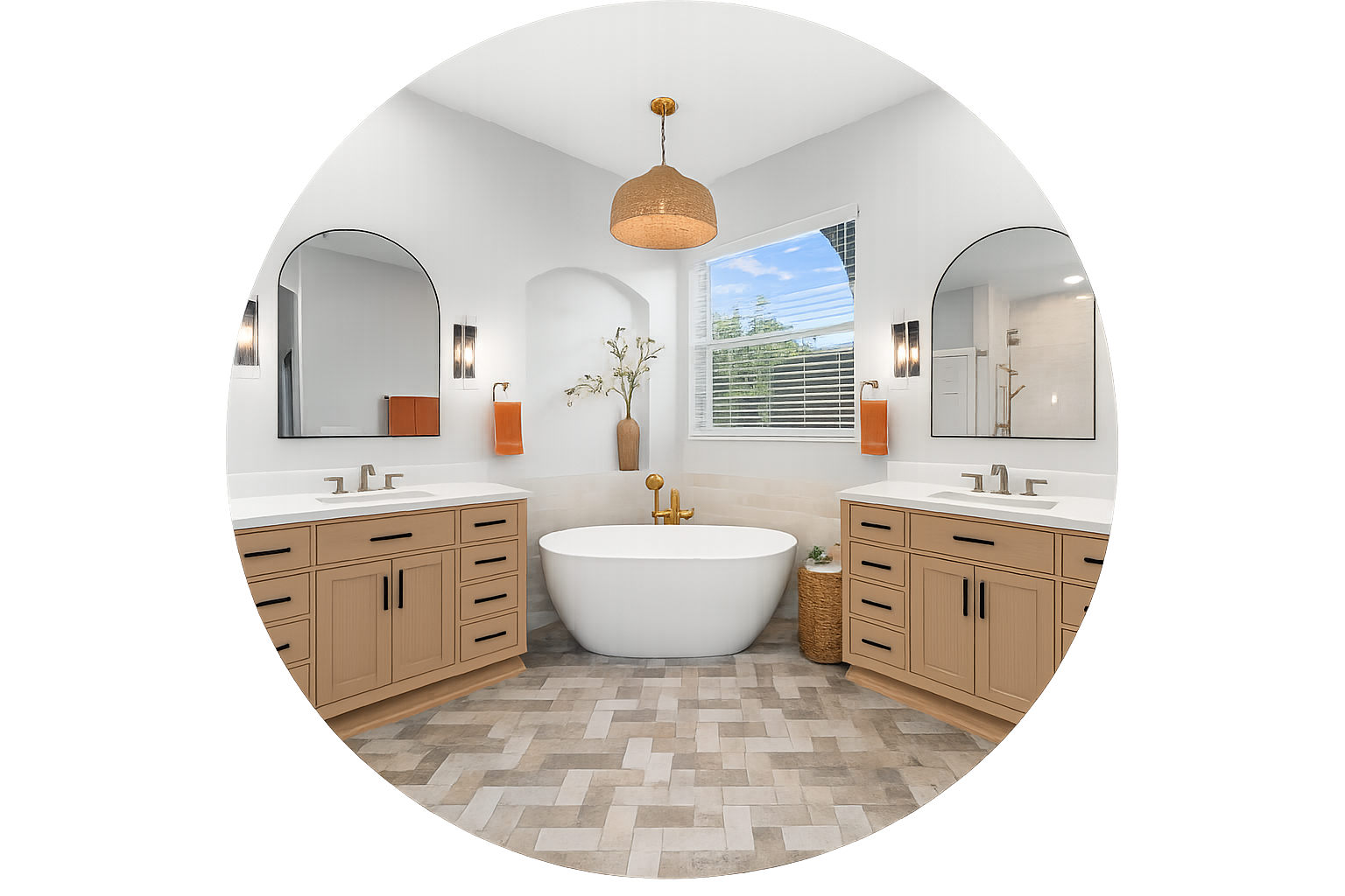 A modern bathroom with a freestanding bathtub in the center, two vanities with mirrors and sinks on either side, a window with blinds, a basket, and decorative plants, viewed through a circular mirror.
